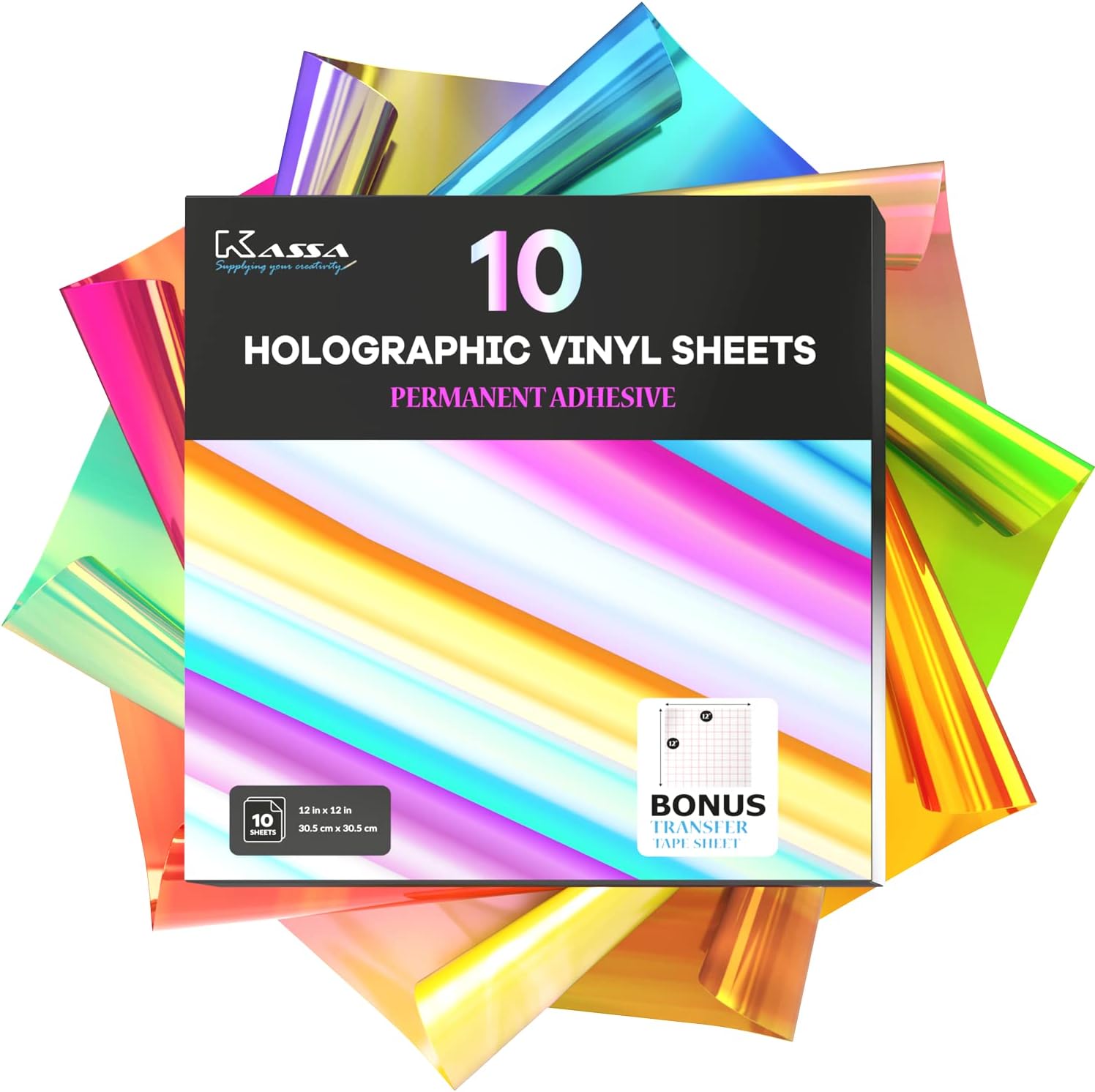 Kassa 10-Pack Holographic Color-Changing Vinyl Sheets | 12" x 12" with a Tran...