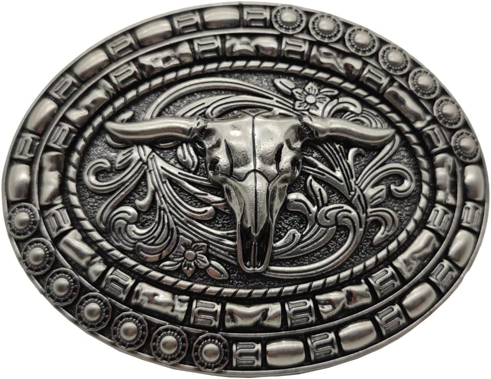 XwestWestern Cowboy Longhorns Bull Flower Oval Belt Buckle Grey