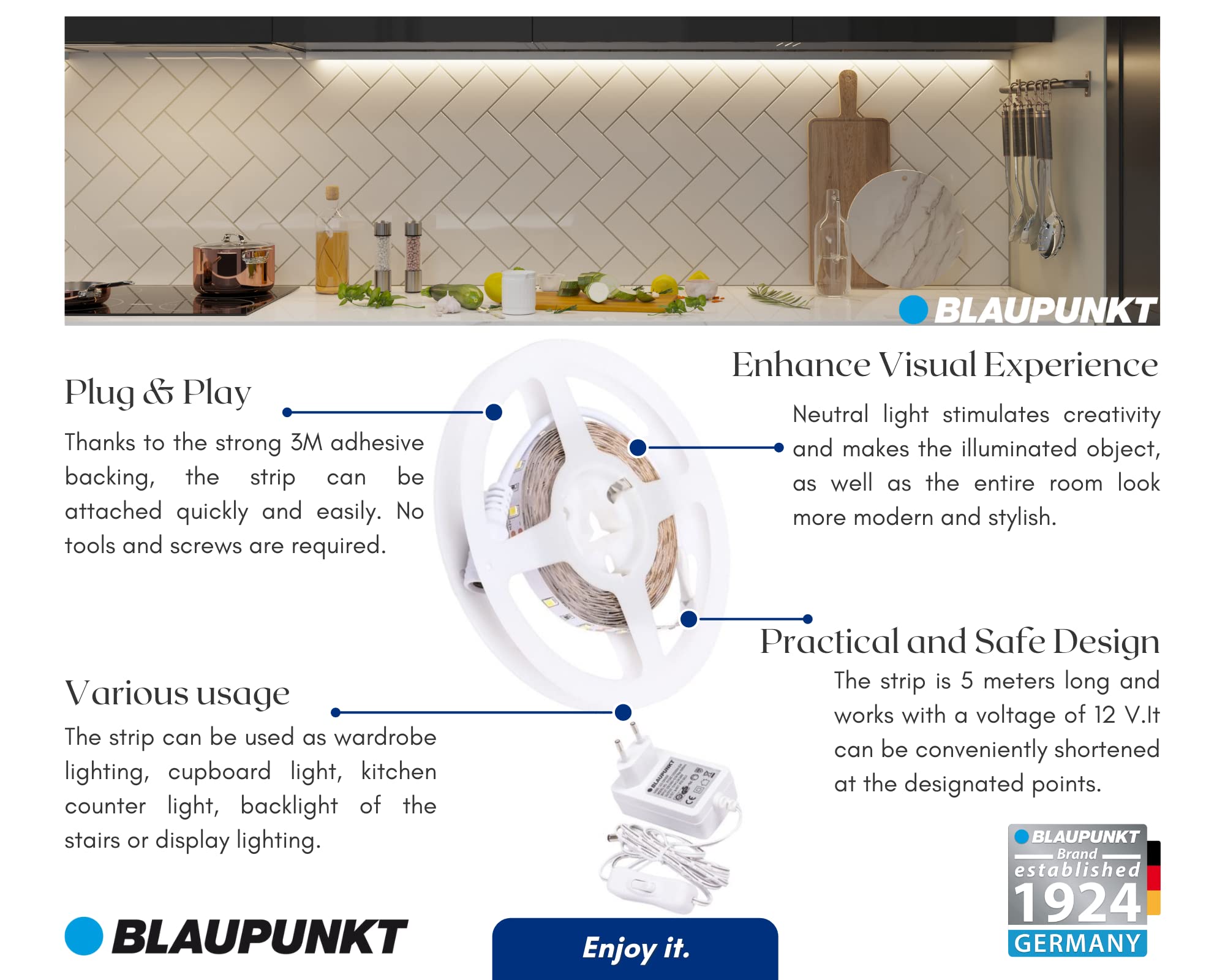 Blaupunkt Galaxy LED 5M Lichtstreifen - Natürliches Weiß - 4000K - Wasserdicht- Hohe Qualität 60 LEDs / Meter- 750 Lumen mit Schalter- Selbstklebender Streifen - Plug und Play - 12V- Energieklasse A++