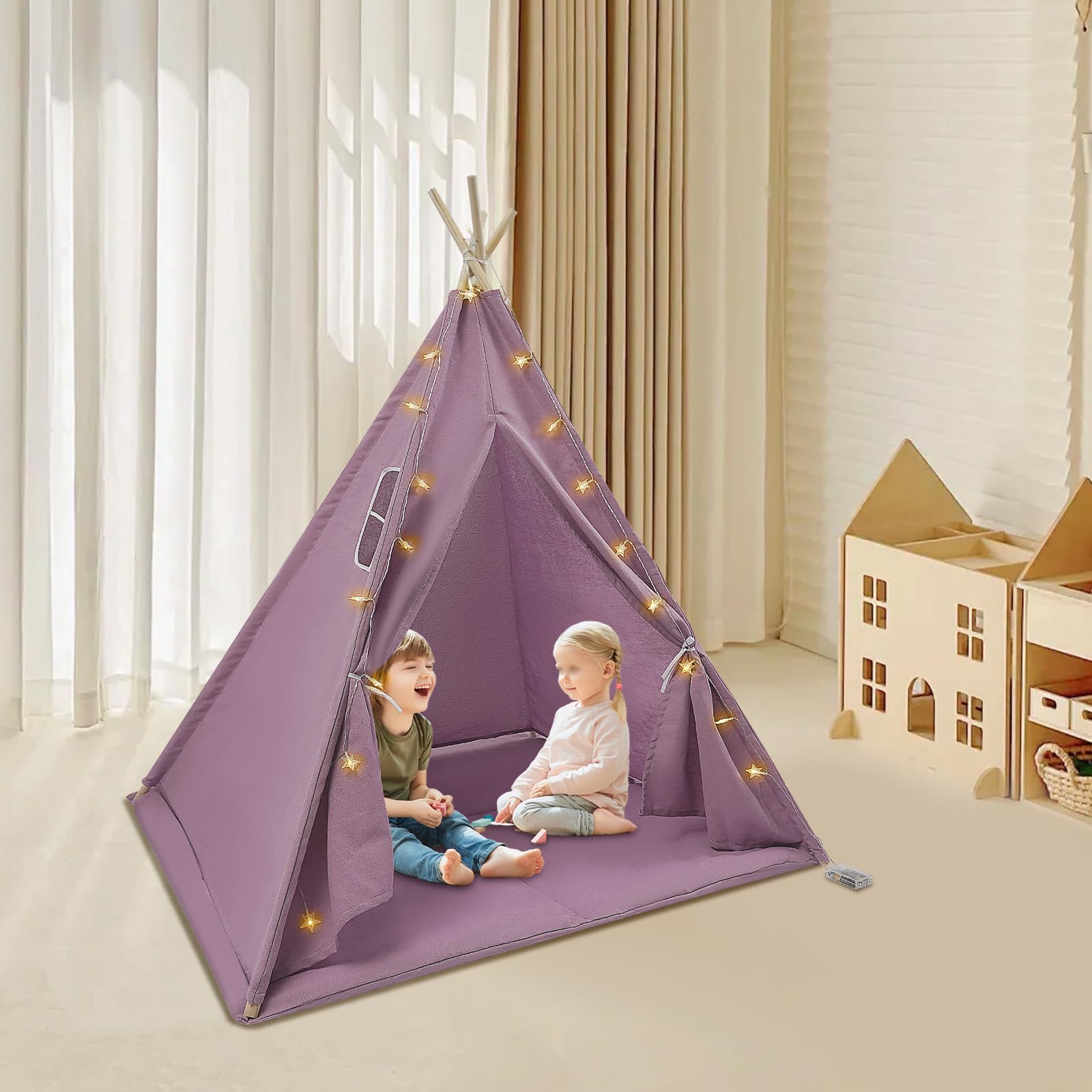 JAYGOVAN Kids Tent, Kids Playhouse 2 in 1 with Padded Mat and Lights Large Play Tent with Windows, Kids Play Tent Indoor & Outdoor Portable & Foldable Teepee for Kids, 47