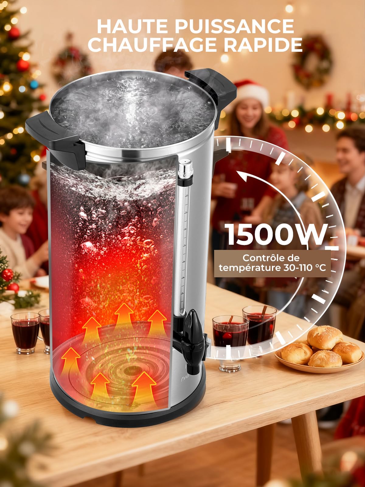 Distributeur de Boissons Chaudes et Vin 10L / 1500W, Autocuiseur Minuteur en INOX Chaud Protection Contre La Surchauffe, 30 à 110 °C, Chauffe-boissons, Appareil Chauffe d'Eau