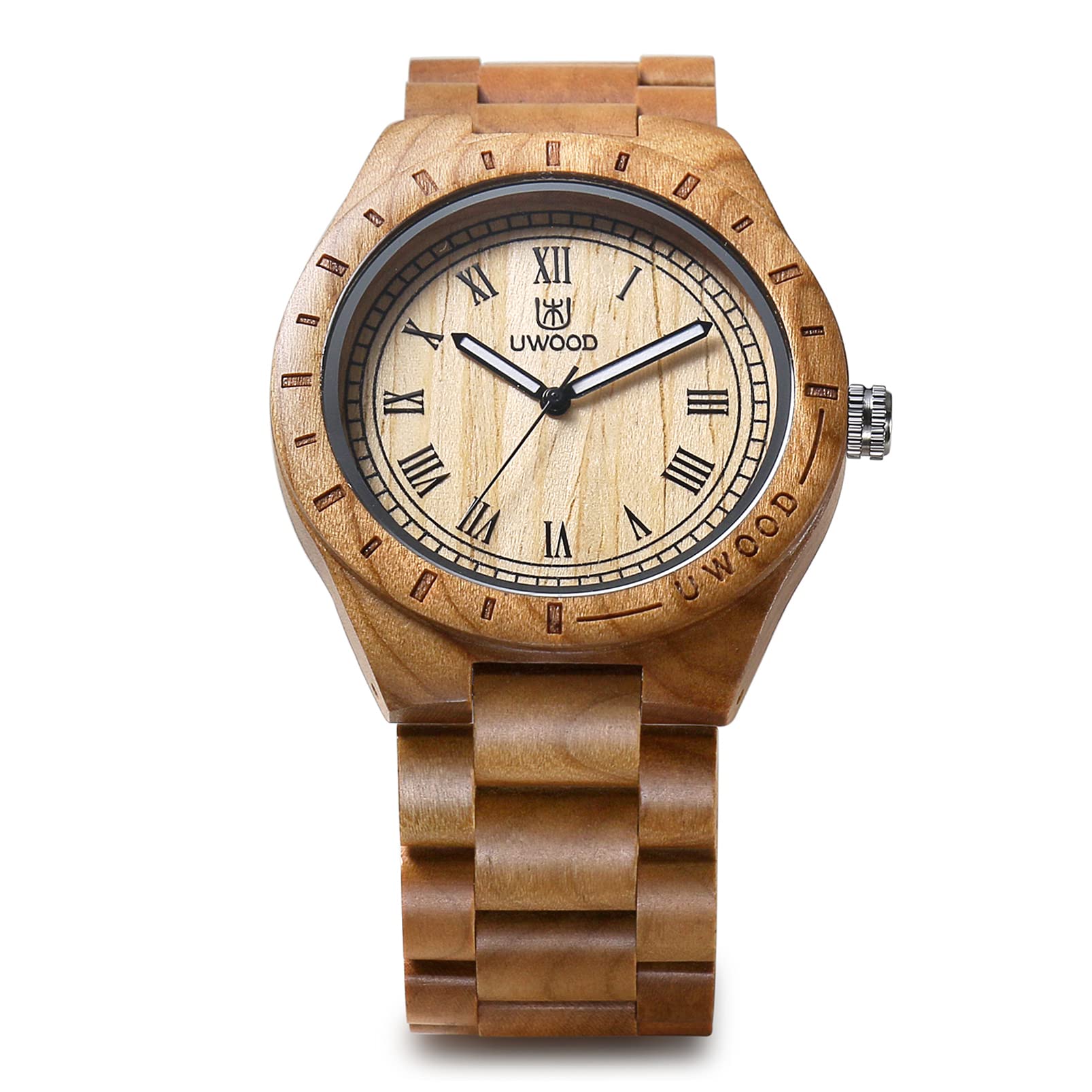 Reloj de Madera único de Peso Ligero para Hombre, Serie Uwood Hecho a Mano de sándalo analógico de Cuarzo Vintage número Romano Reloj de Pulsera de Madera Natural