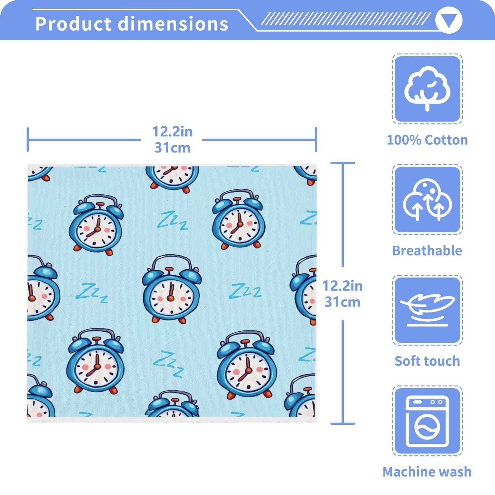 Wash Cloth Set 100% Cotton Fingertip Towels Face Cloths Sets Blue Alarm Clock Highly Absorbent Soft Feel Set of 2