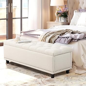 51" Storage Bench for Bedroom, Tufted Storage Ottoman Benchs with Pholstered, Large Long End of Bed Storages Bench Load up to 660 lb, Wooden Legs for Bedroom & Living RoomBeige
