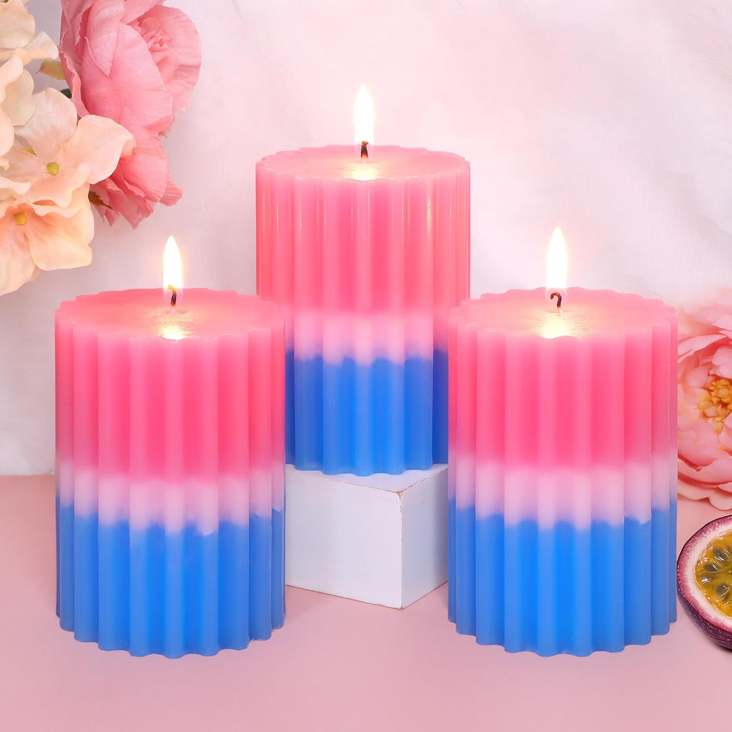 Ribbed Pillar Candles Fruity Floral Scented Pink Blue Ombre 3×4 Inch Candle Handcrafted Aesthetic Romantic Aromatherapy Candles for Home Decor Wedding Party Housewarming Gift
