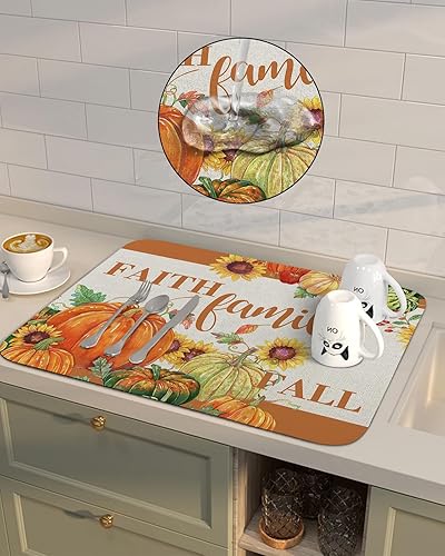 Miniatura 4 de Tapete de secado de platos de calabaza otoñal para encimera de cocina, súper absorbente, de secado rápido, tapete delgado para fregadero de