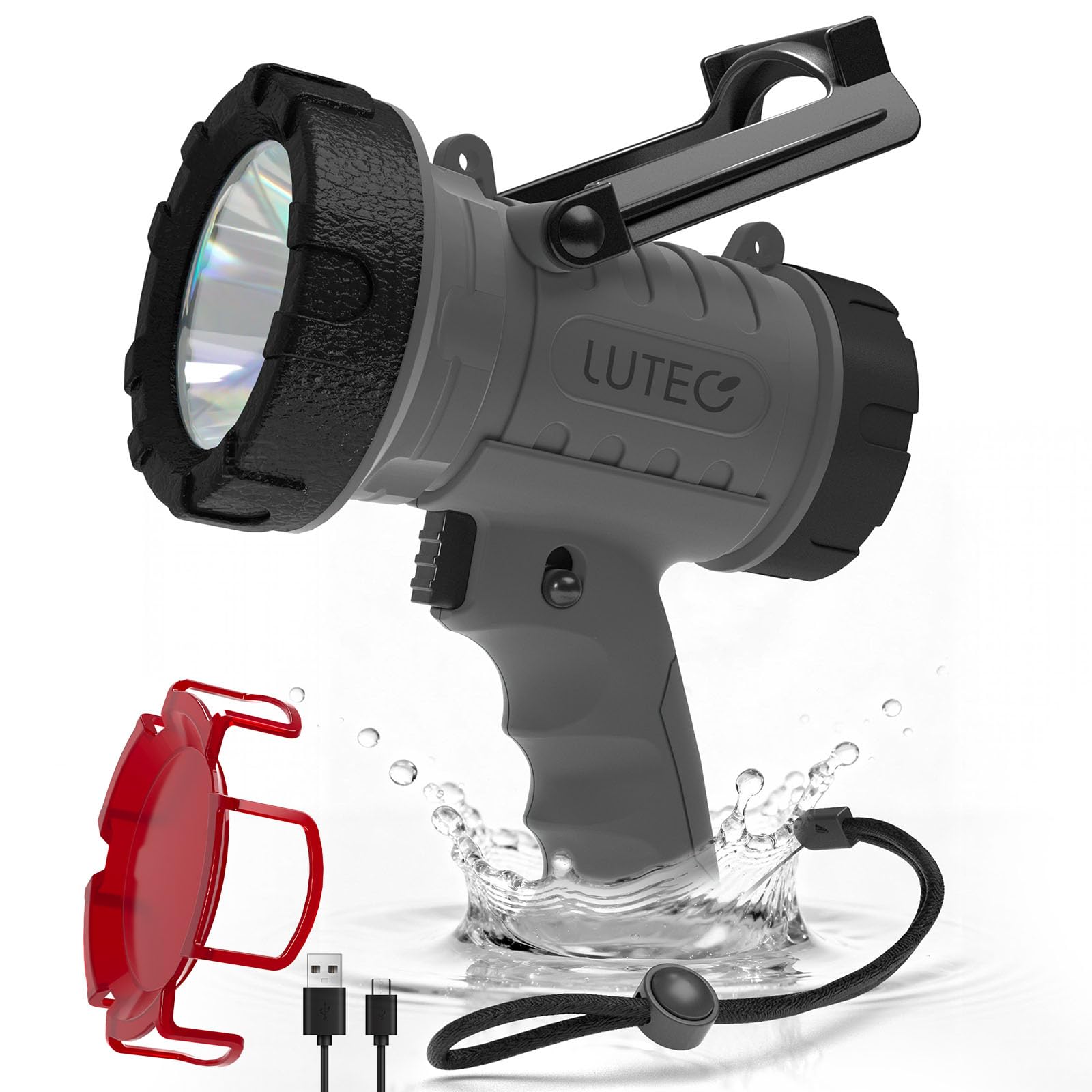 LUTEC Rechargeable Spotlight Flashlight 1000000LM Super Bright, IP67 Waterproof Rechargeable Spotlights Handheld with 4 Modes Search Light with Foldable Stand and Red Light Filter (Grey)