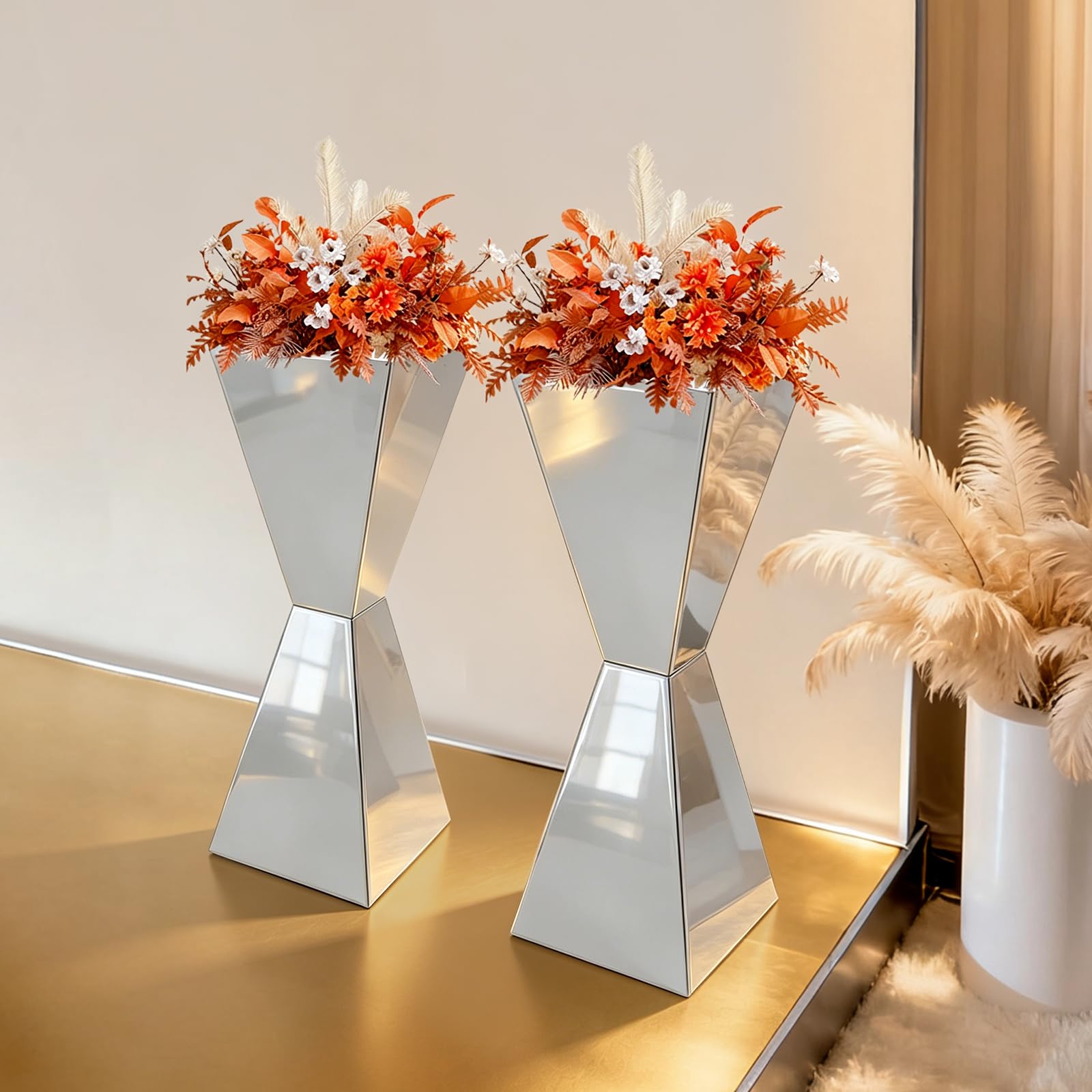 2 soportes para flores de acero inoxidable, soporte para postres, decoración de mesa (plata) | Estantería para flores, mesa de flores, superficie pulida, para bodas y eventos, 28 x 28 x 80 cm