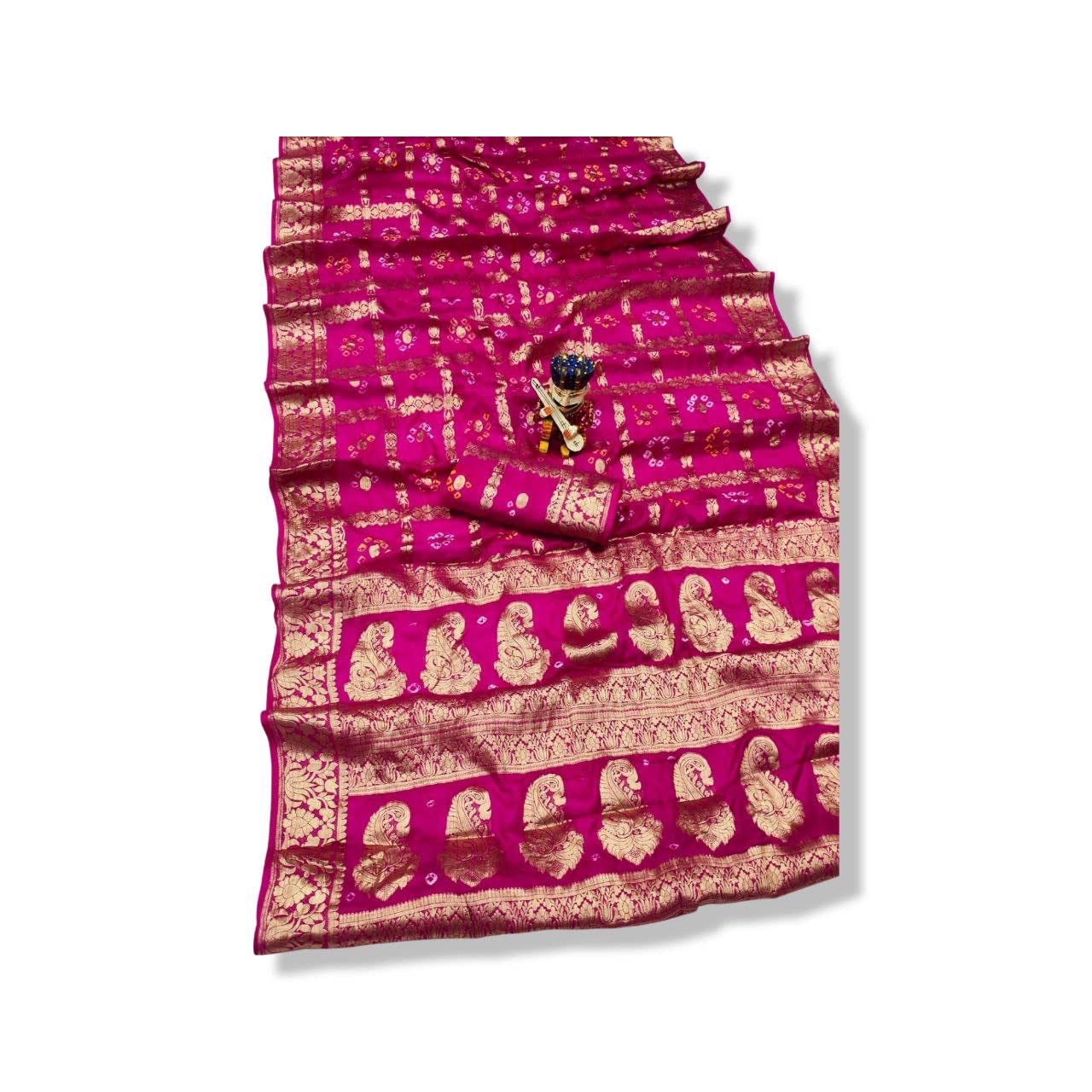 PK HUBWomen's Bandhej Banarasi Silk Zari Work Saree with Running Blouse (Saree - 5.5 Meter & Blouse - 0.80 Meter)(Saree Come without Roll Press & Small Holes May Come Due to Hand Die Bandhej)