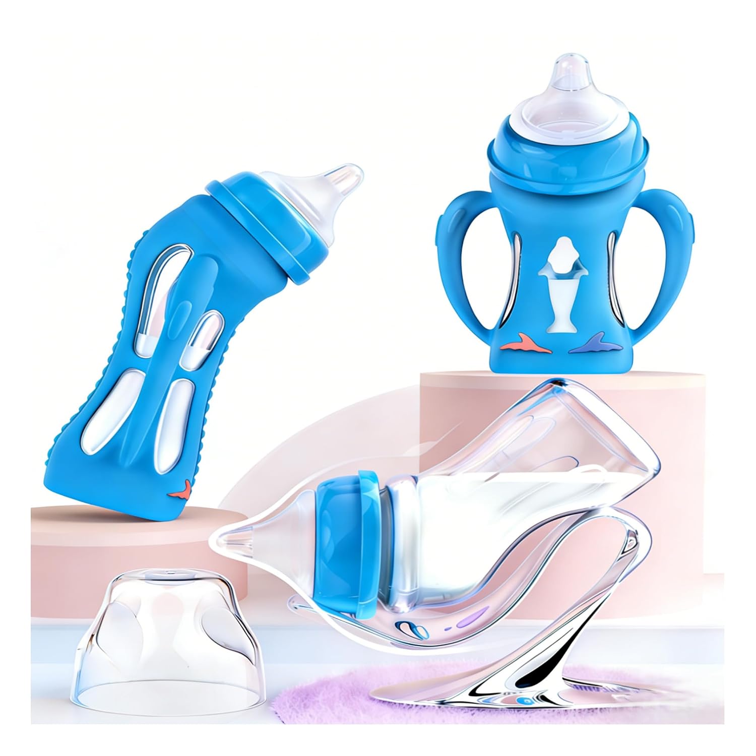 Dual Heat-Sensitive Baby Feeding Bottle, Glass Bottle with Level 1 Slow Flow Nipple, Shatter-Proof Sleeve, BPA-Free, Portable Storage Case, 8oz(240ml) for 0-3 Years Infants
