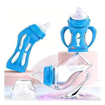 Dual Heat-Sensitive Baby Feeding Bottle, Glass Bottle with Level 1 Slow Flow Nipple, Shatter-Proof Sleeve, BPA-Free, Portable Storage Case, 6oz180ml for 0-3 Years Infants