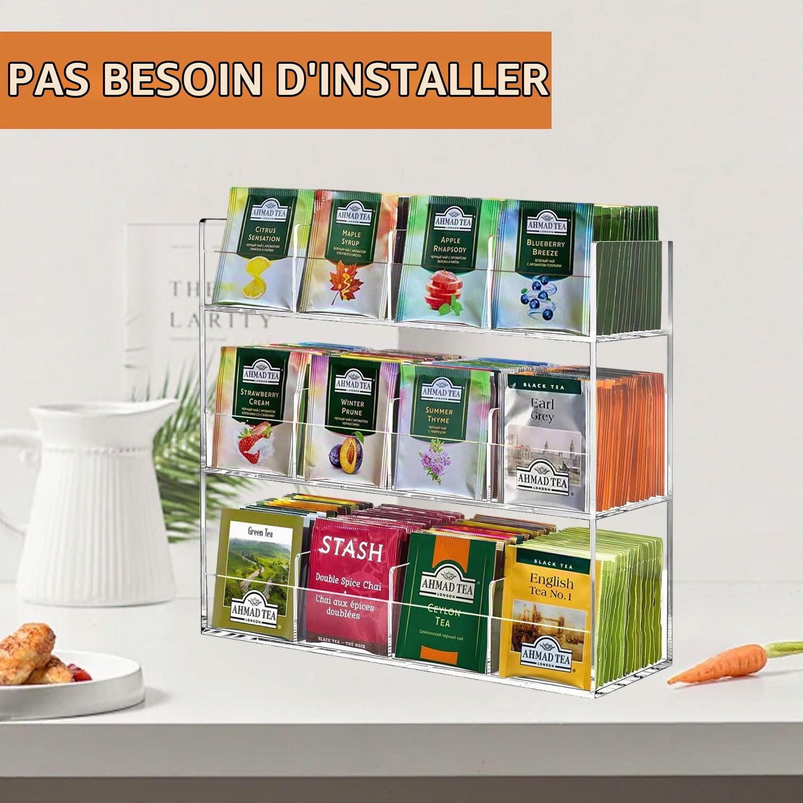 mumisuto Boite a The en Acrylique avec 12 Compartiments pour 216 Sachet Thé, Boite à Thé Gain de Place & sans Odeur 29,6 x 9,8 x 26,4 cm, Moderne & Élégant Boite Transparente pour Le Rangement