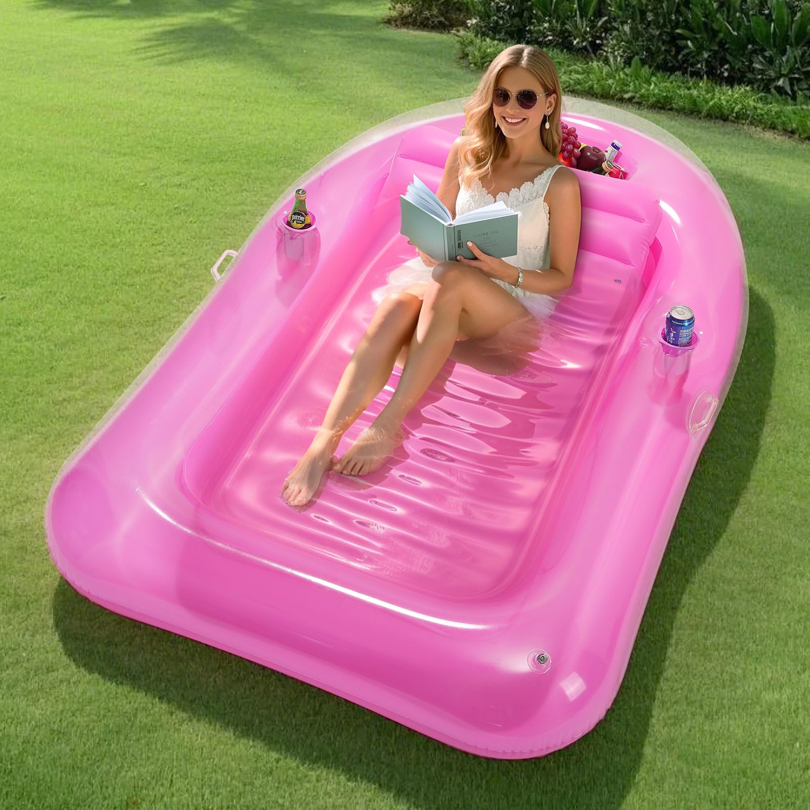 MoKo Inflatable Tanning Pool Lounge Float, Pool Floats Adult Boat with Ice Bar and Cup Holders, 78" x 49" Large Suntan Tub Raft Floaties, Tanning Pool with Pillow for Adult Summer Water Party, Pink โ image 1