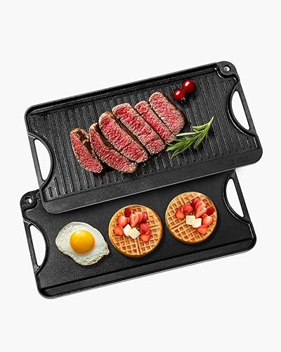 Vista 12 de VEVOR Parrilla/plancha reversible, plancha de hierro fundido pre-sazonada de 14 x 8.5 pulgadas, sartén rectangular portátil con asa, utensilios