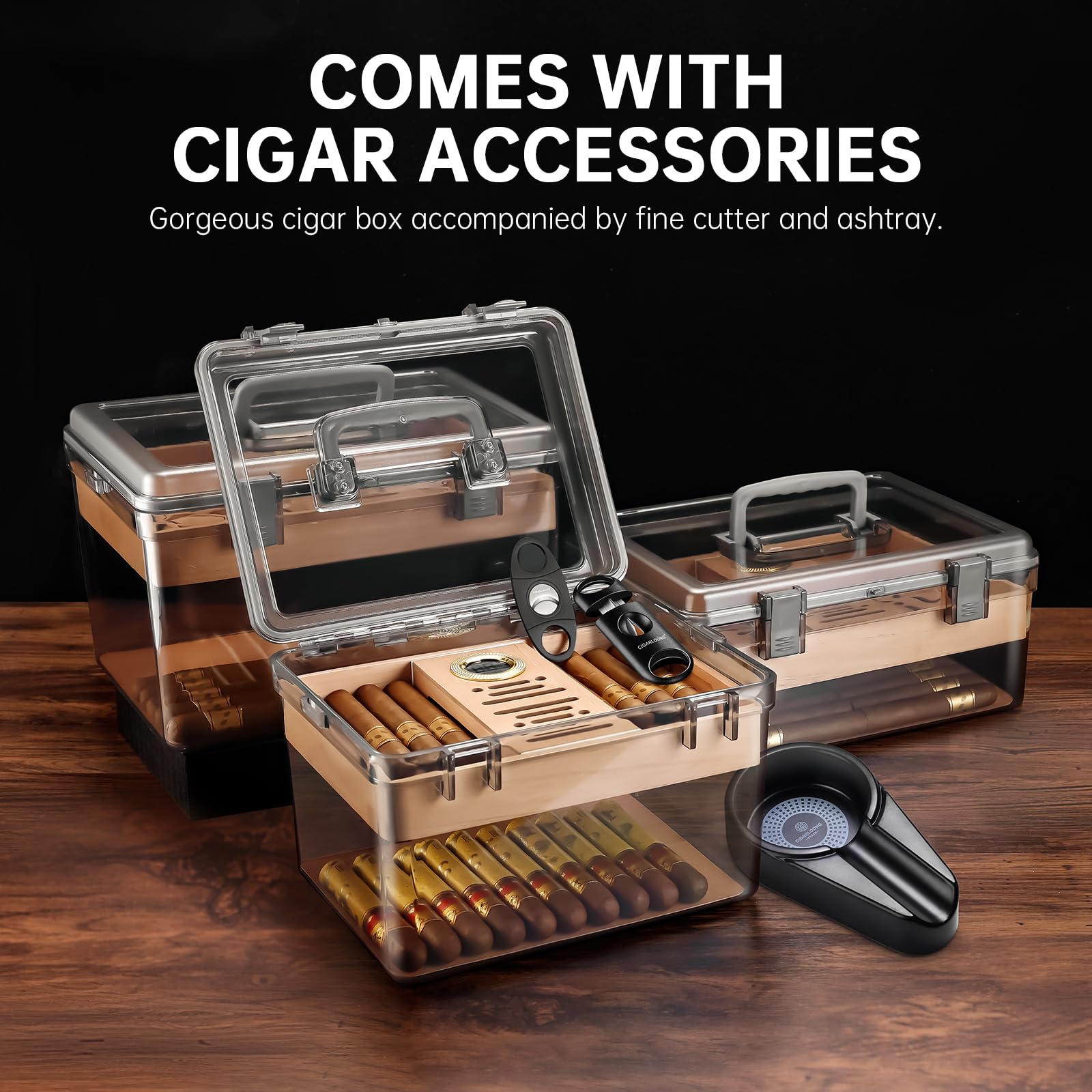 Acryl Zigarren Humidor Set mit Luftbefeuchter und Hygrometer, transparenter Humidor Fall Eingebautes Zedernregal, tragbarer Desktop Humidor Box Lagerung für etwa 80 Zigarren (Medium)