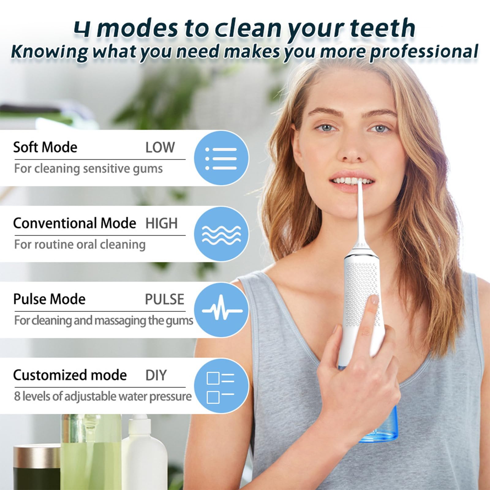 Idropulsore portatile senza fili per denti, 4 modalità 6 punte a getto per la pulizia del filo interdentale, IPX7 impermeabile ricaricabile Irrigatore Idropulsore per acqua orale