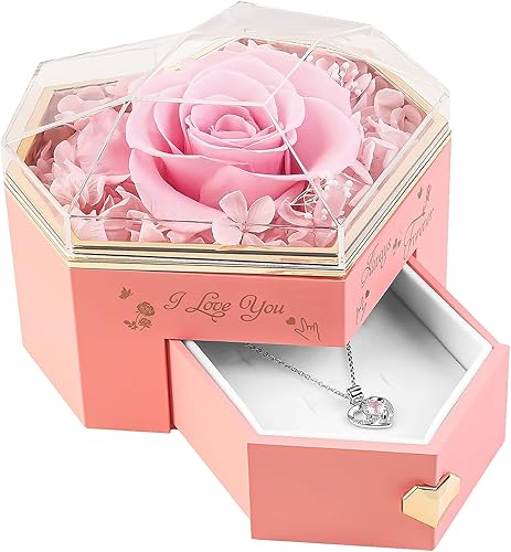 Miniatura 9 de Caja de rosas reales preservadas en forma de corazón con collar, rosas Forever I Love You, regalos para ella, regalos de flores eternas para