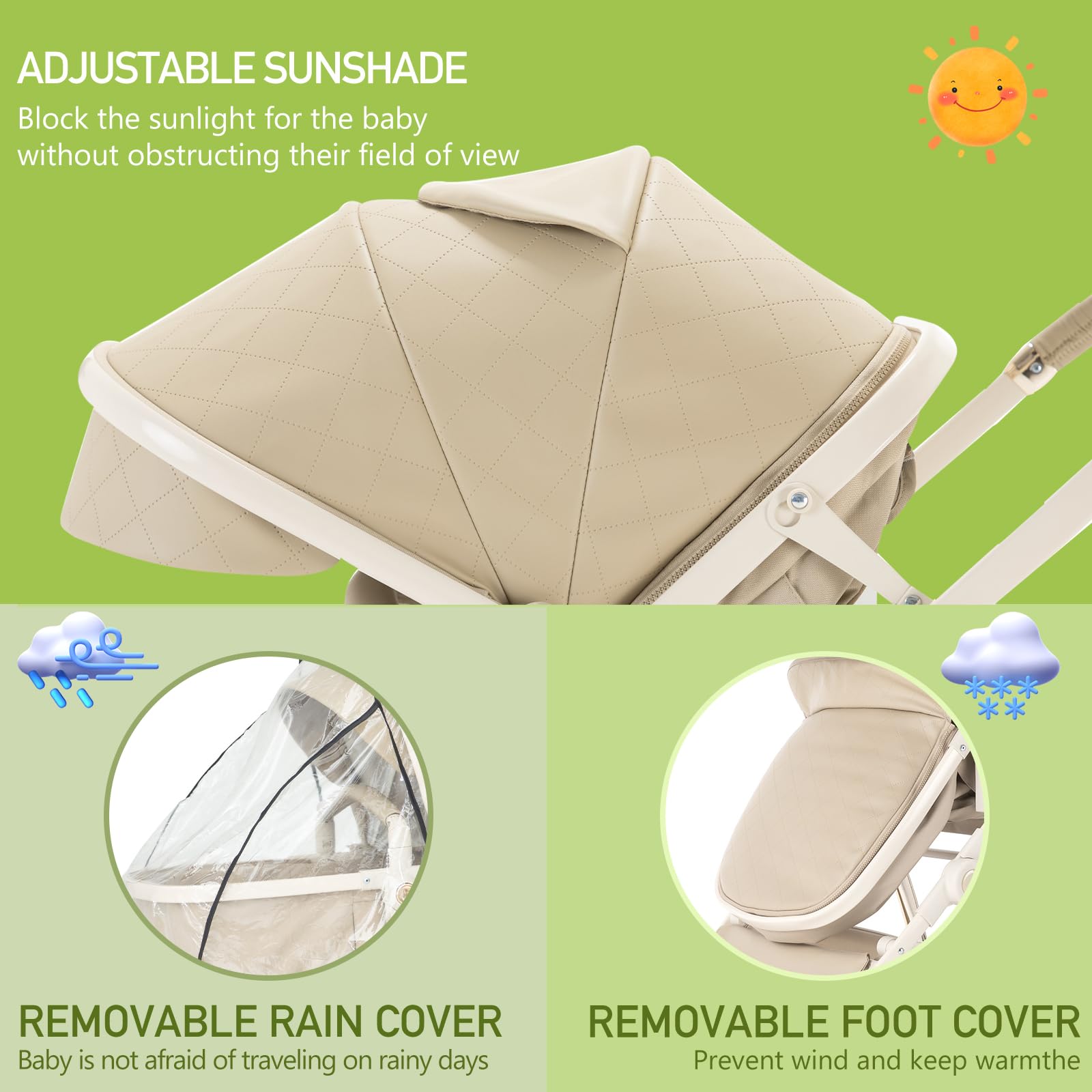 Pelle Passeggino 3 in 1 Sistema di Viaggio con Seggiolino Auto Telaio Alluminio Carrozzina Città Pieghevole per Bambini 0-4 Anni Cachi