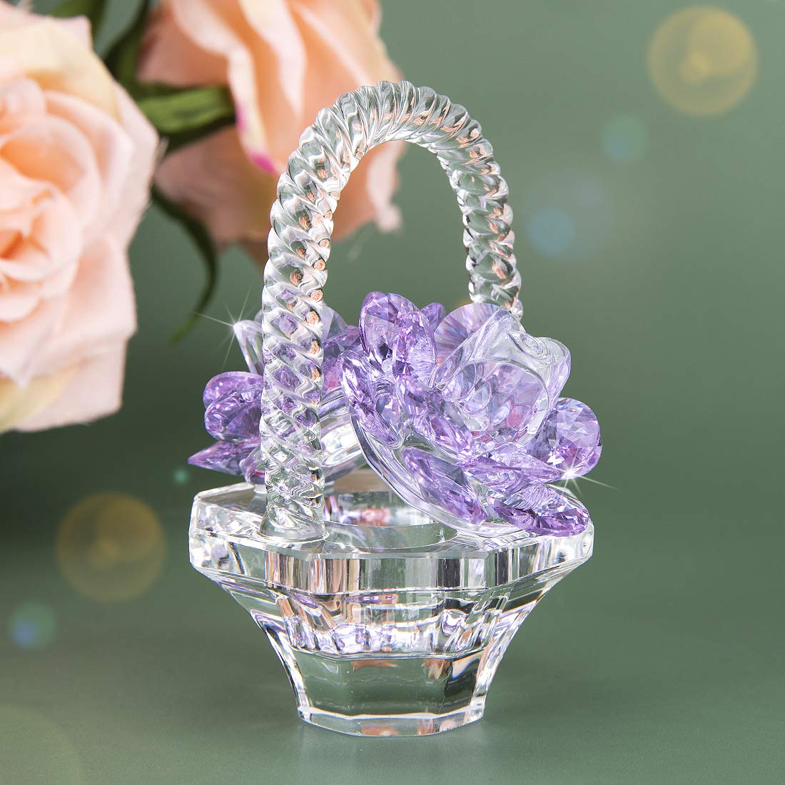 H&D HYALINE & DORA Crystal Flower Basket Figurine Collectable Ornaments Home Decor Tabletop Centerpiece Gift for Lady,Purple Color