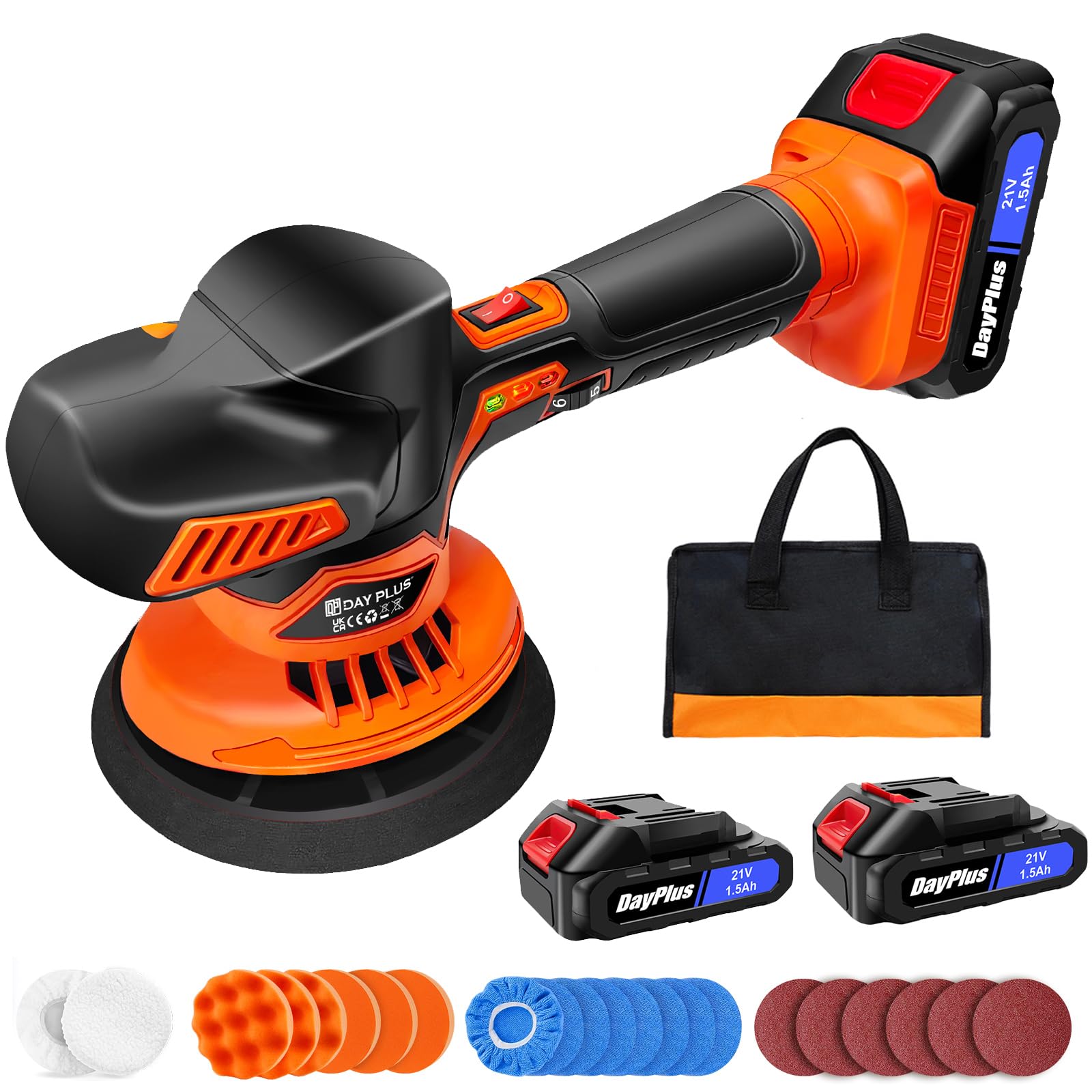 Pulidora de batería para coche, 6 velocidades variables, juego de abrillantador para coche, 2800-5500 rpm, 24 accesorios, 2 x 21 V 1,5 Ah batería pulidora para el cuidado del coche pulido encerado