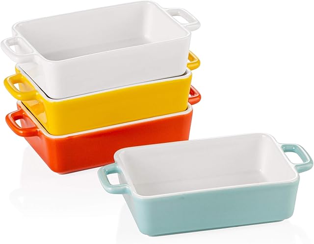 LOVECASA Porcelain gratin Dish, 230ml Rectangular Set of 4 Small Tapas/Lasagna/Baking Dishes with Double Handle-Set of 4, Colourful(16 x 8.5 x 3.8cm)