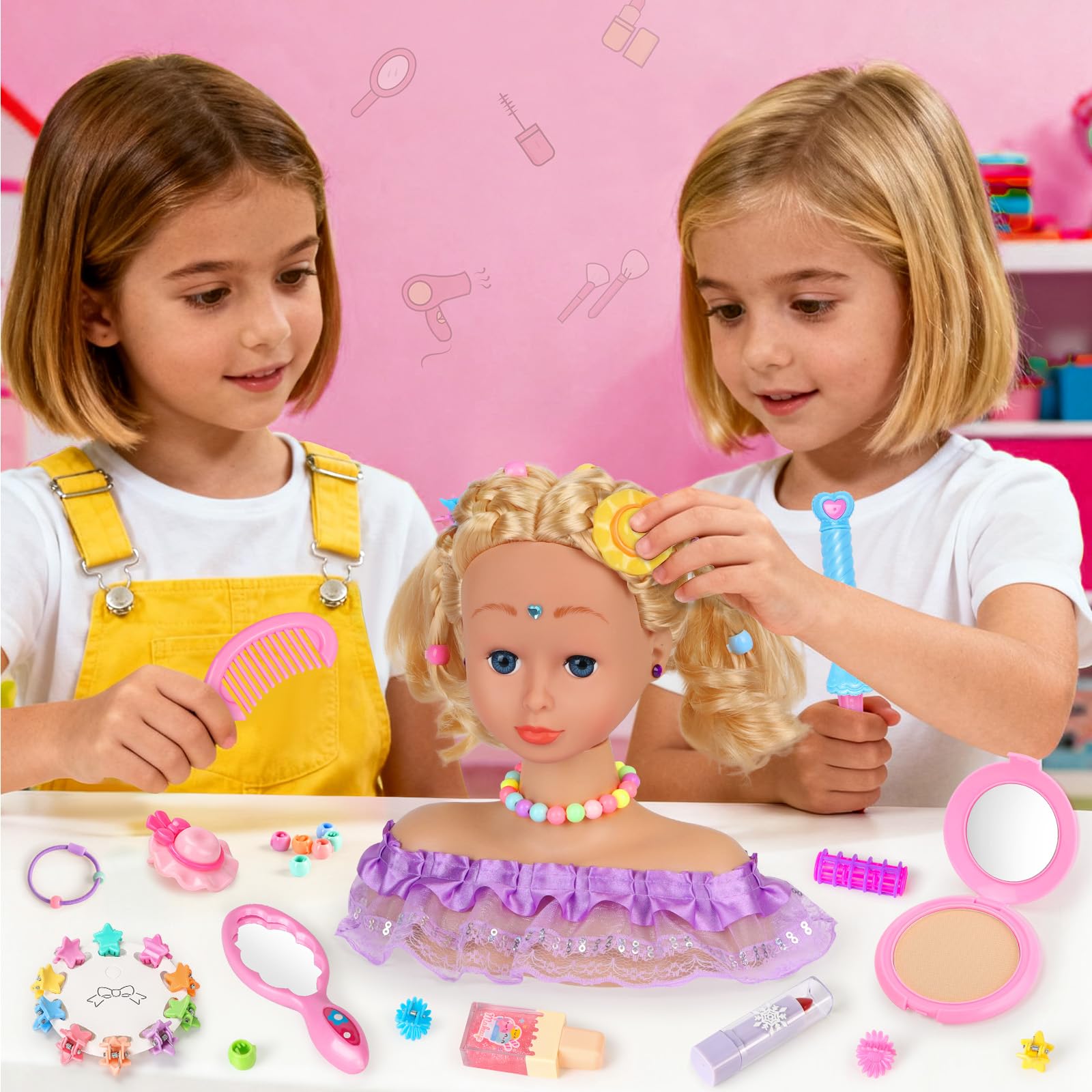 Testa Bambola da Truccare e Pettinare, 66 Pezzi Testa da Pettinare Bambina, Bambola da Truccare Regalo di Compleanno, Natale per Bambini a Partire Dai 3 Anni (Viola)