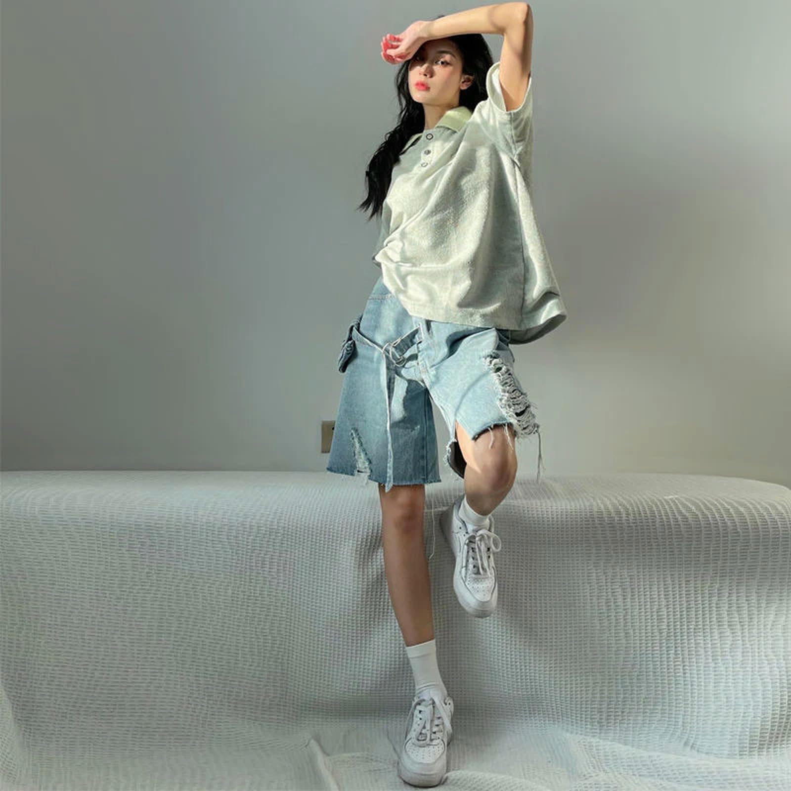 Pantaloncini Donna Short di Denim in Denim Irregolare da Donna Street Chic Fashion Street Largo Gamba Larga Ginocchiera Jeans Mini Pantaloni Casual