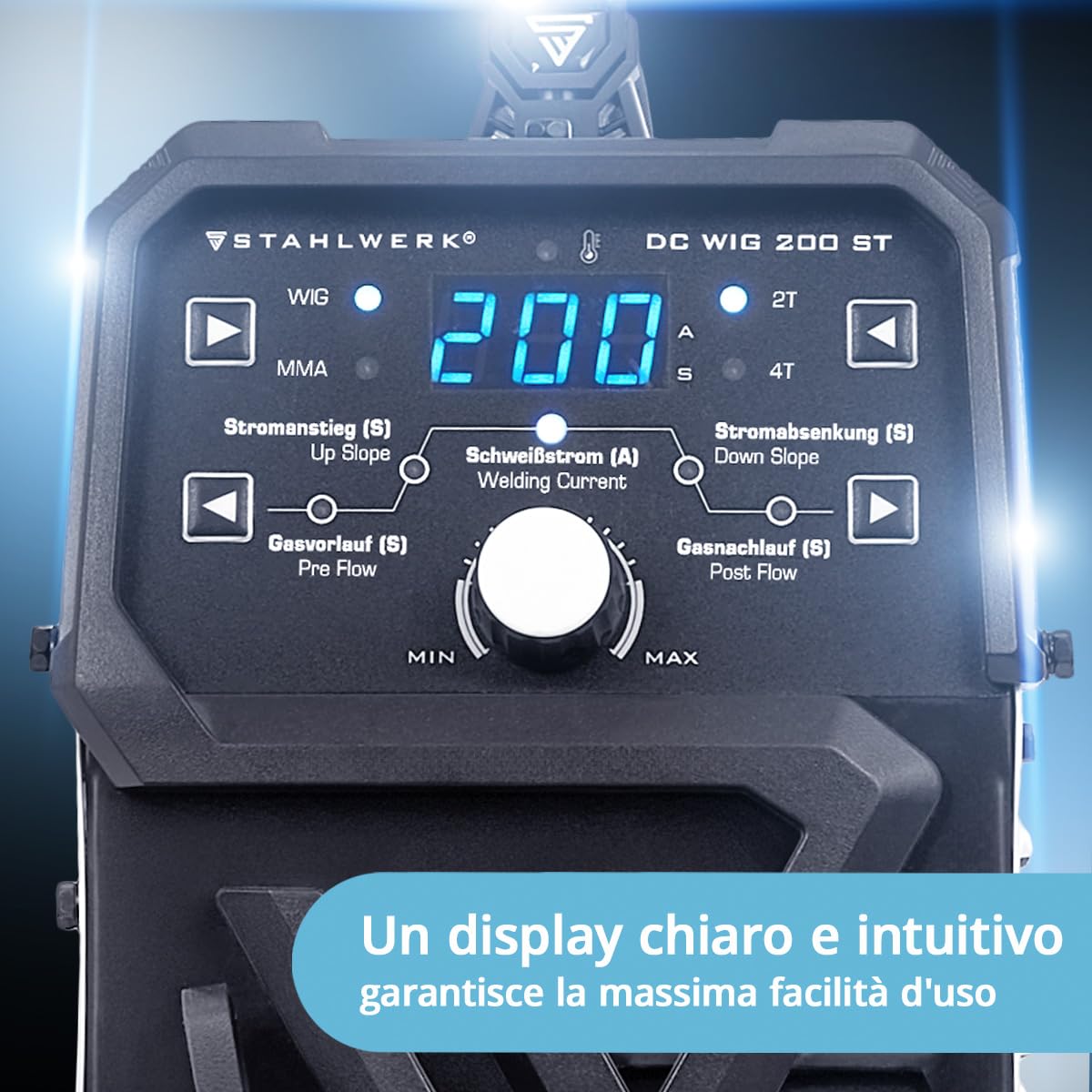 STAHLWERK Saldatrice 2-in-1 combinata DC TIG 200 ST – Funzione TIG & MMA fino a 200 A, innesco HF, Hotstart, adatta per acciaio, inox, rame e ottone, no alluminio