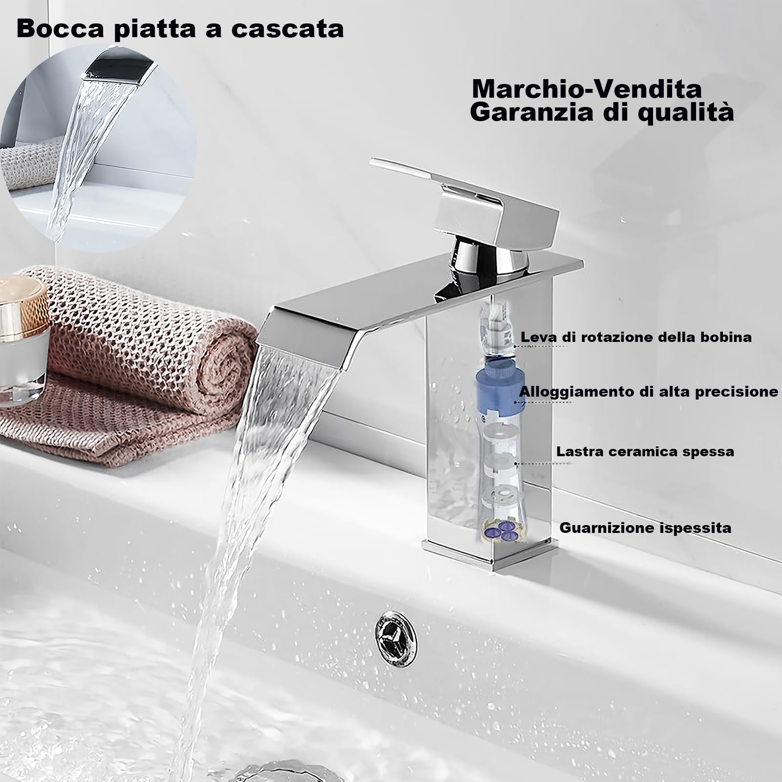 XWIHTR Rubinetto a cascata per bagno, rubinetto per lavabo a una maniglia, risparmio idrico, rubinetto per lavabo, bocca calda e fredda, rubinetto per bagno in ottone in acciaio inox (cromo)