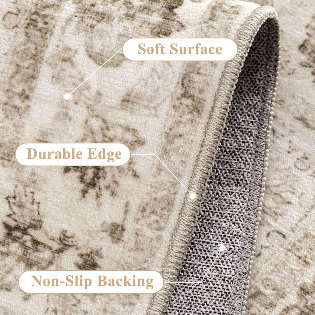 Neutral Kitchen Rug Set of 3 Washable Beige Vintage Kitchen Mats for Floor Non-Slip Kitchen Runner Rug Soft Low Pile for Bathroom Laundry Hallway Sink Entryway