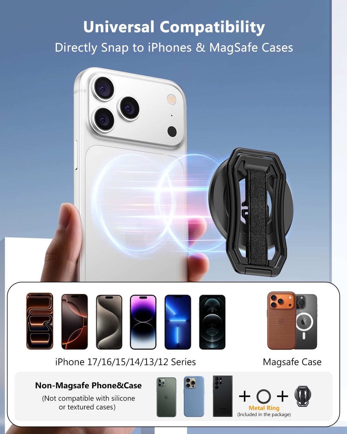 for Magsafe Phone Grip, 6-in-1 Magnetic Phone Holder for Magsafe Kickstand, 360° Rotation Phone Ring Holder with Elastic Strap, Compatible with iPhone 17/16/15/14/13/12 Series & Android