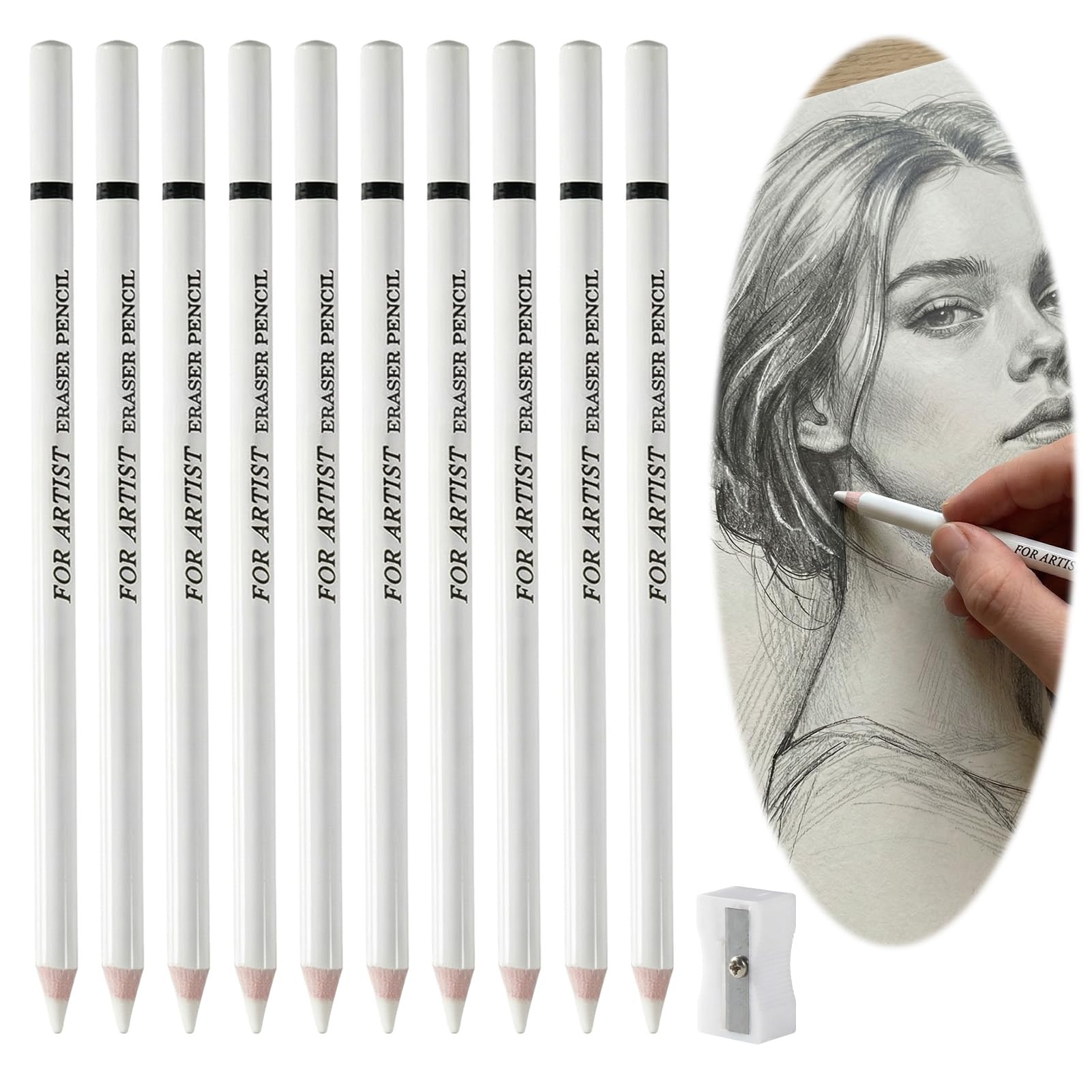 11PCS Eraser Pencil for Artists, Wooden Pencil Rubber with Portable Sharpener, Pencil Eraser for Sketching Charcoal, Highlight Eraser Pen Set for Revise Details
