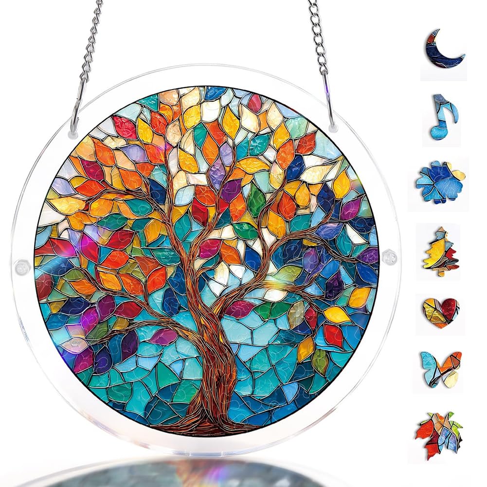 Puzzle Sun Catchers for Windows,Acrylic Jigsaw Suncatchers Kit,Stained Glass Style Window Art,Crafts for Adults,Crystal Suncatcher Hanging Decor,Garden Gift (011, S-7.4IN)