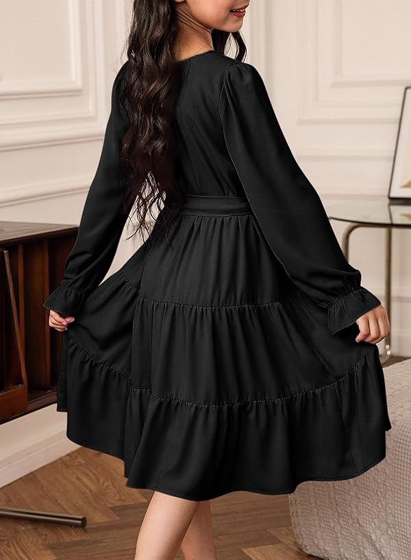 blibean Girls Long Sleeve Ruffle Dresses Tween Fall Tunic Boho A Line Dress Preteen Semi Formal Button Outfit Big Kids Solid Party Clothes Belt Dance Vestidos Ni?as Size 10-11 Years Black by blibean - Used condition - Image 3