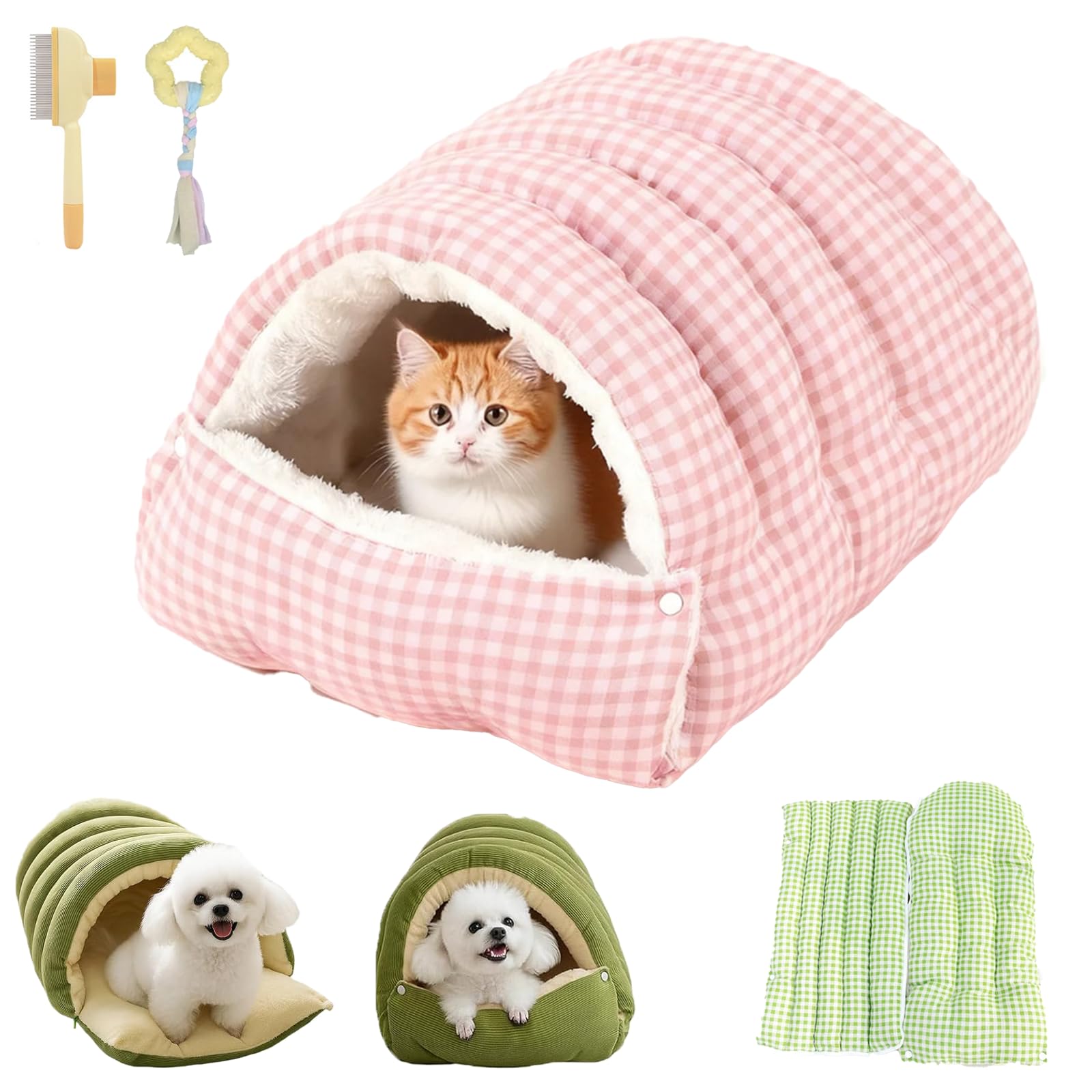 fjaldjfu Cozy Monster Cat Bed, Soft and Warm Pet Cave for Indoor Cats, Removable and Washable Winter Closed-Off Cat Bed, Dual-Purpose Small Dog Nests, for Cats, Kittens and Small Dogs (Pink Check,M)