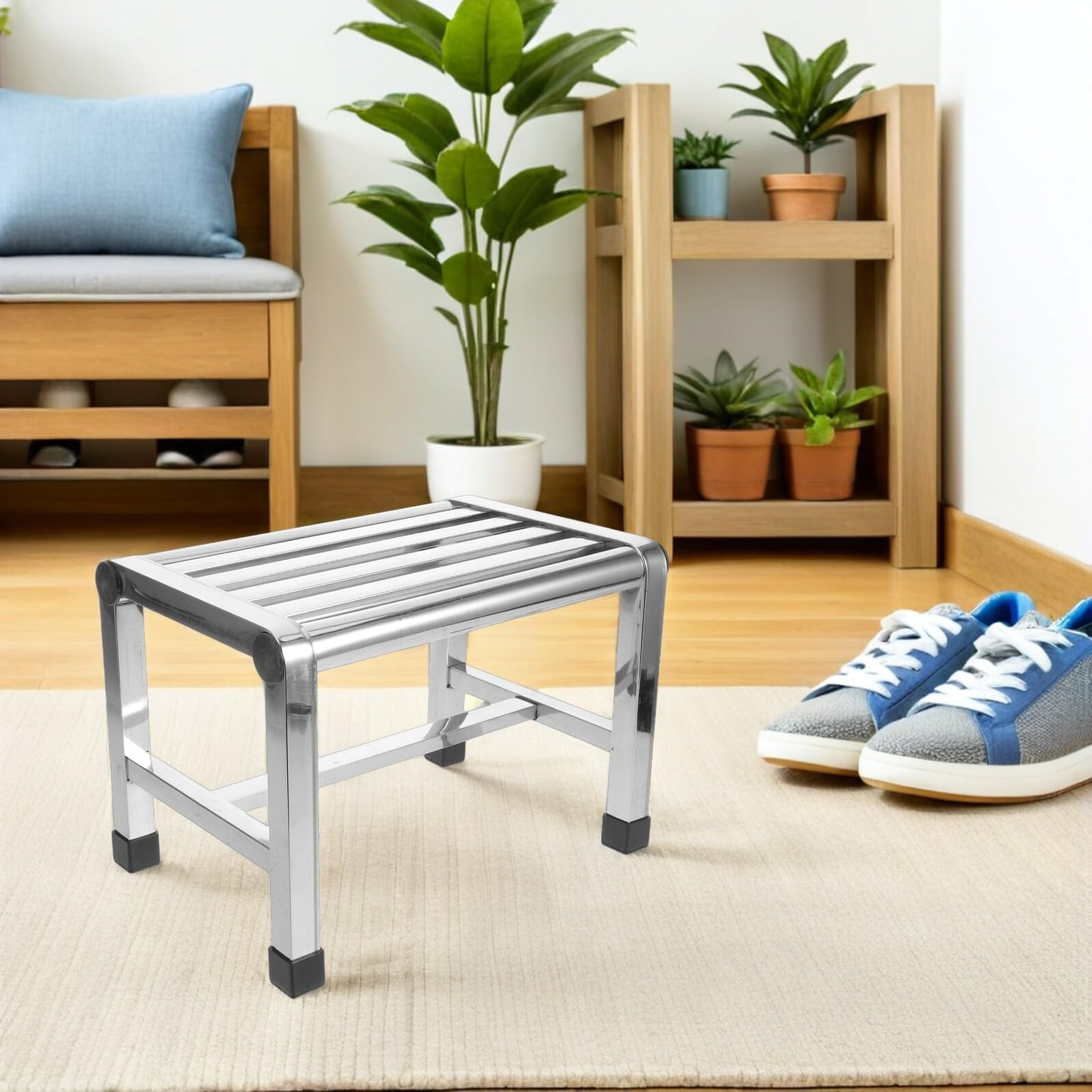 HOMSFOU Tragbarer Duschstuhl aus Edelstahl mit Lattensitz und Wasserablauf 31X22X31Cm Rutschfester Badhocker für Pediküre und Badezimmer