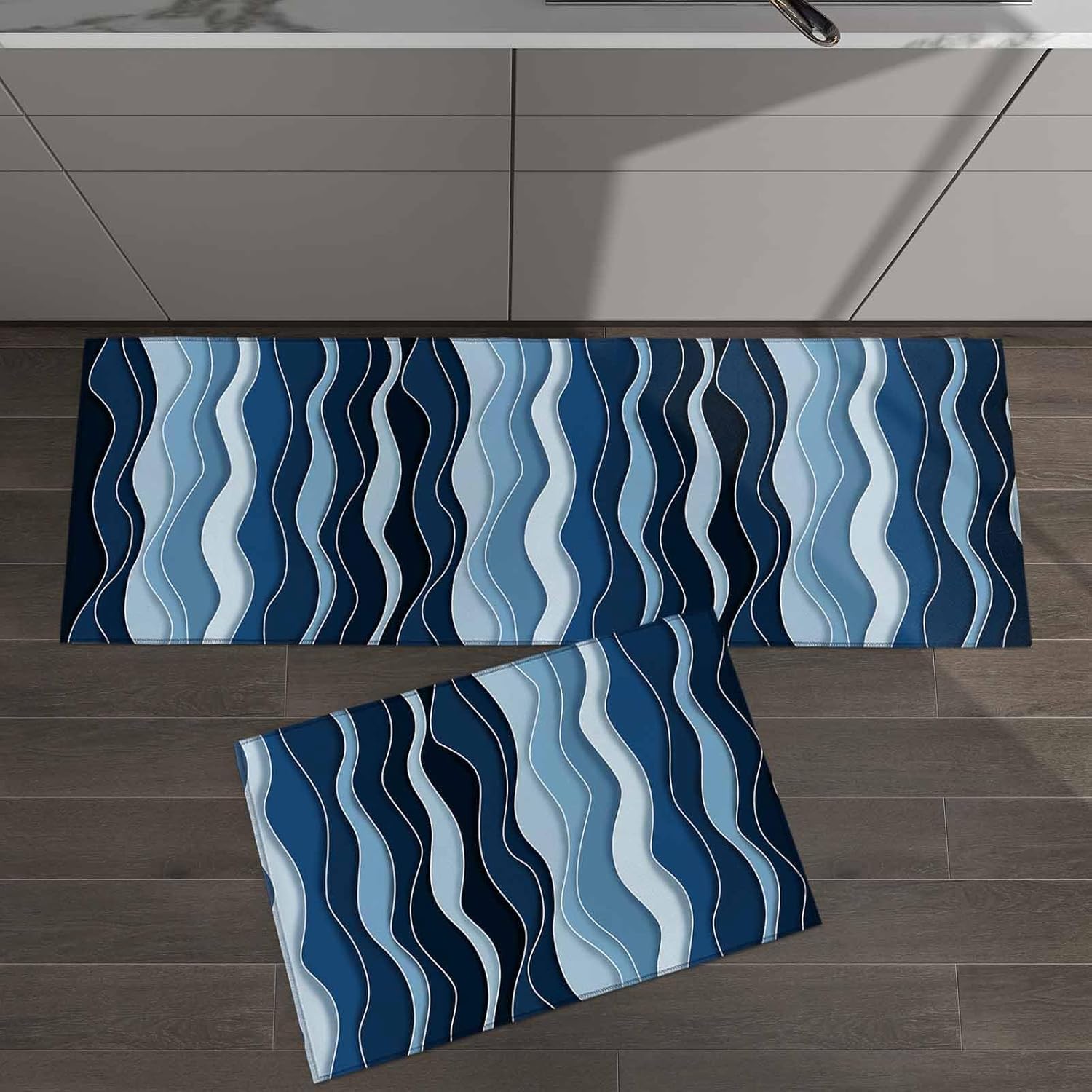 2 Pieces Kitchen Rugs and Mats,Modern Blue Gradient Wave Area Runner Rug Set Non Slip Floor Doormat Washable Carpet Standing Mat for Kitchen Sink Indoor Corridor,Abstract Country Farmhouse Stripe