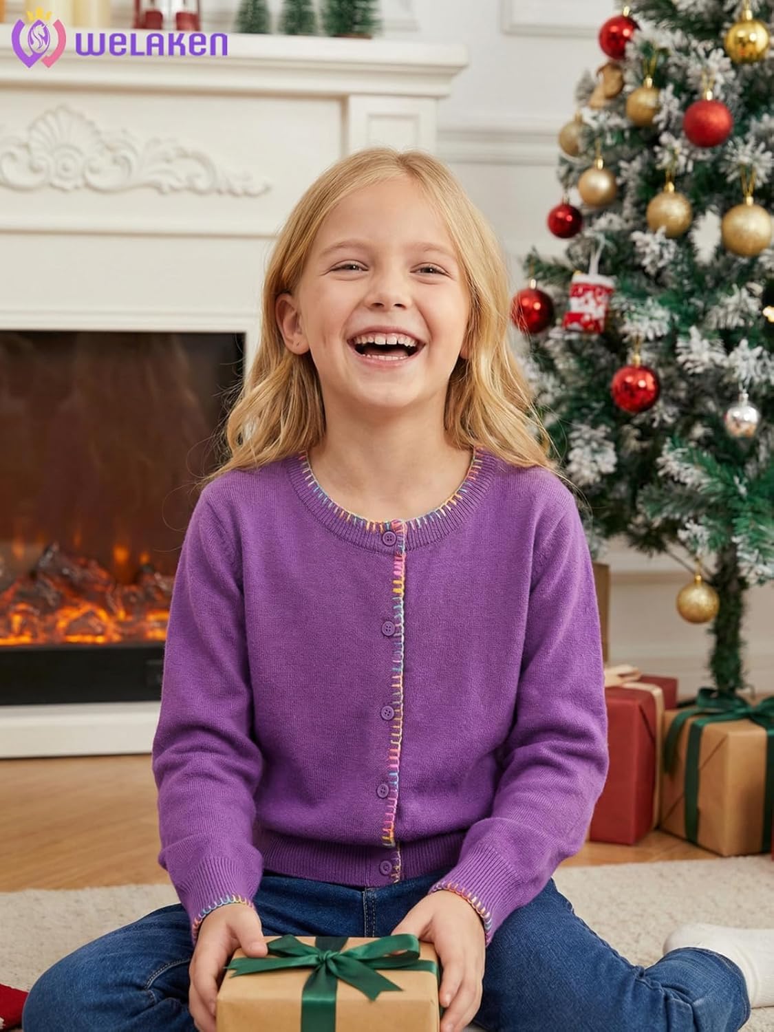 Girls Knit Cardigan – Soft Lightweight Sweater with Rainbow Trim for School or Layering - Image 3