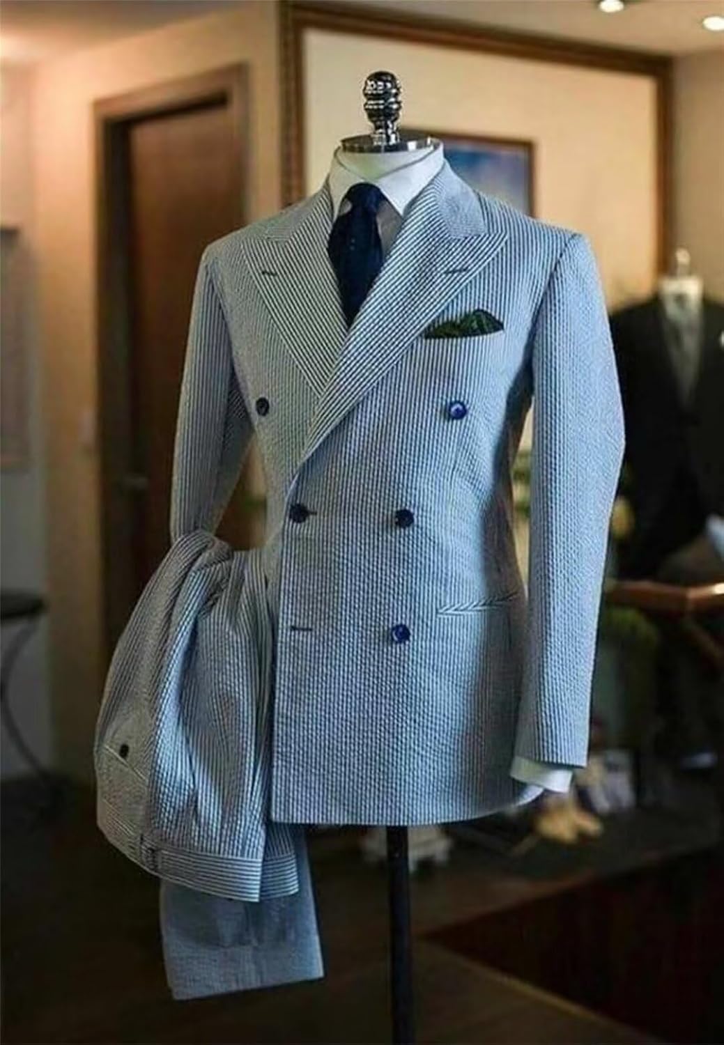 Men's Seersucker Suit Double Breasted Wedding Blazer Casual Slim Fit 2 Piece Set Party Prom Tuxedo