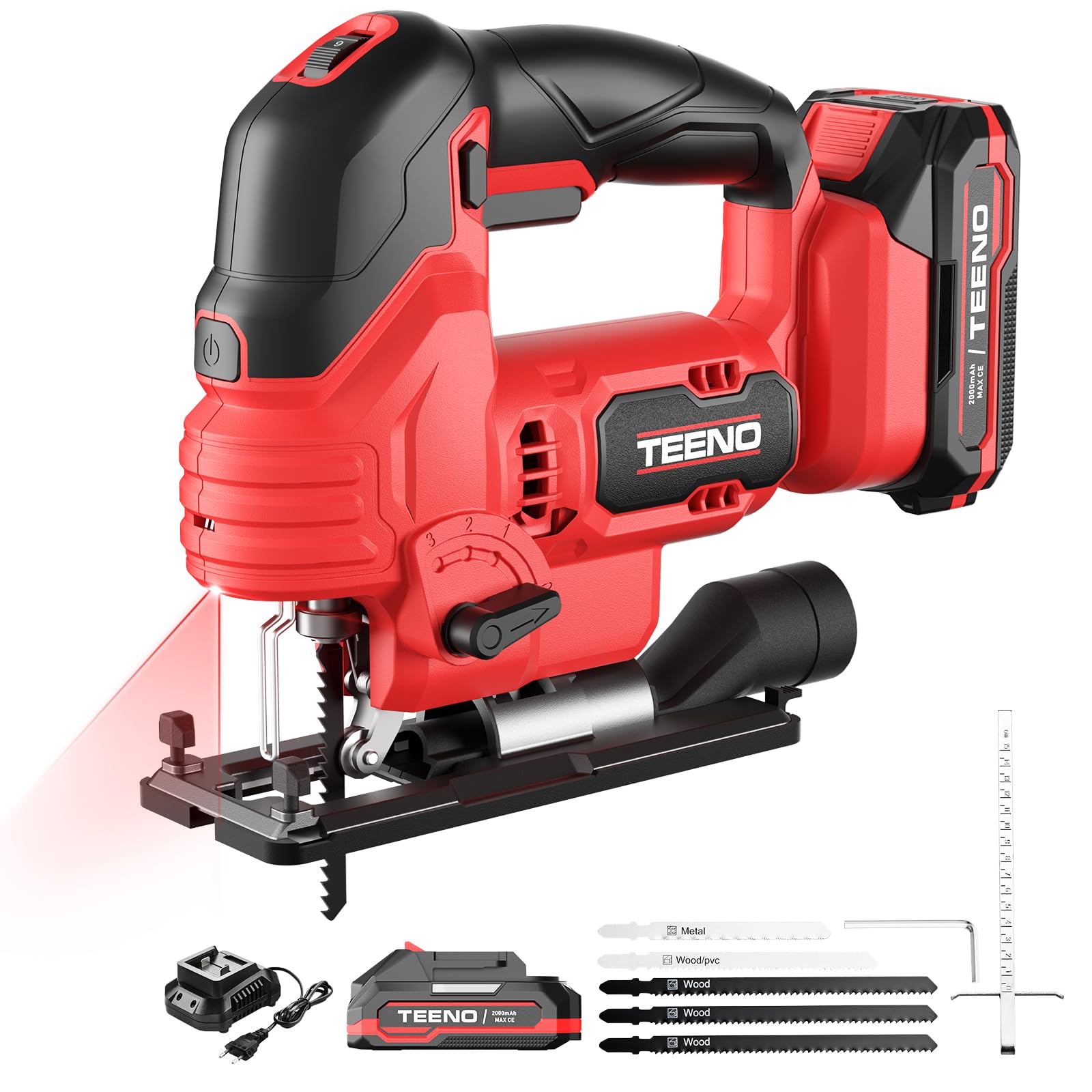TEENO Seghetto Alternativo Senza Fili Per Batteria Makita 20V, Seghetto Alternativo laser 800-3000 SPM, 6 VELOCITÀ, LED, Angolo ±45°, 5 lame per Legno, Plastica, Metallo (Due Batterie, 2.0 AH)