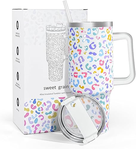 sweet grain Vaso de 40 onzas con asa y popote, mantiene las bebidas frías hasta 24 horas, vaso de acero inoxidable aislado al vacío, tazas de viaje