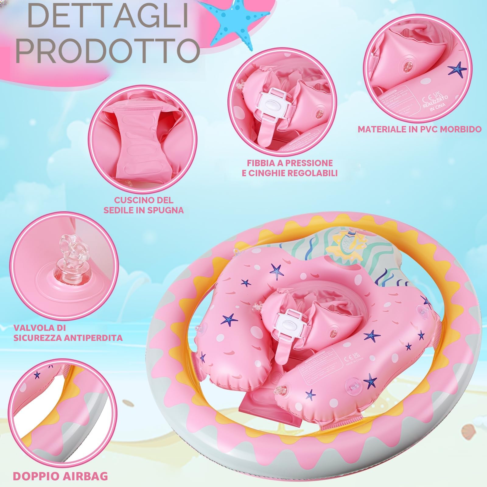 Thedttoy Salvagente Neonato 6-36 Mesi galleggiante gonfiabile piscina con doppio airbag & Tettuccio Parasole, sedile di sicurezza regolabile nuoto galleggiante per bambino Ragazze 1 2 3 Anno (Rosa)