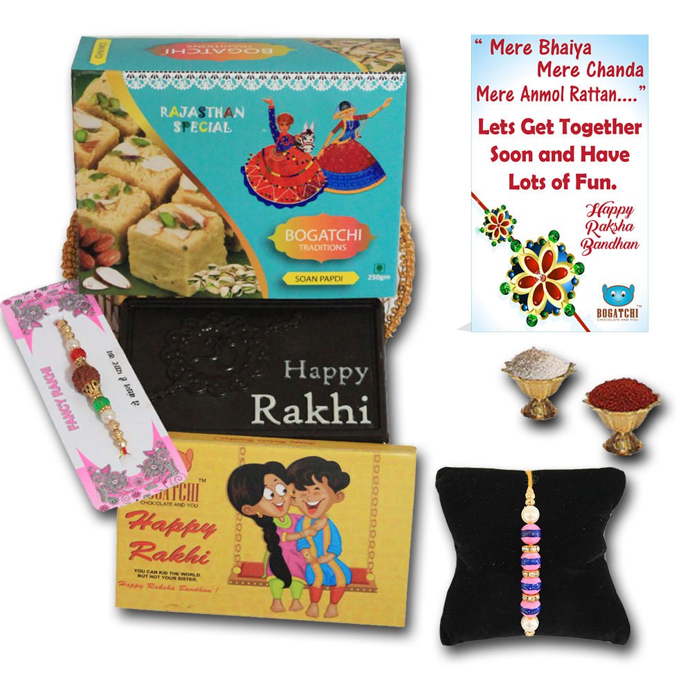 BOGATCHI Rakhi Gift Basket,Happy Rakhi Chocolate bar+Blue Box of soan papdi,Free Rakhi(2pcs), Free Rakhi Greeting Card + Free Roli Chawal-picture-19