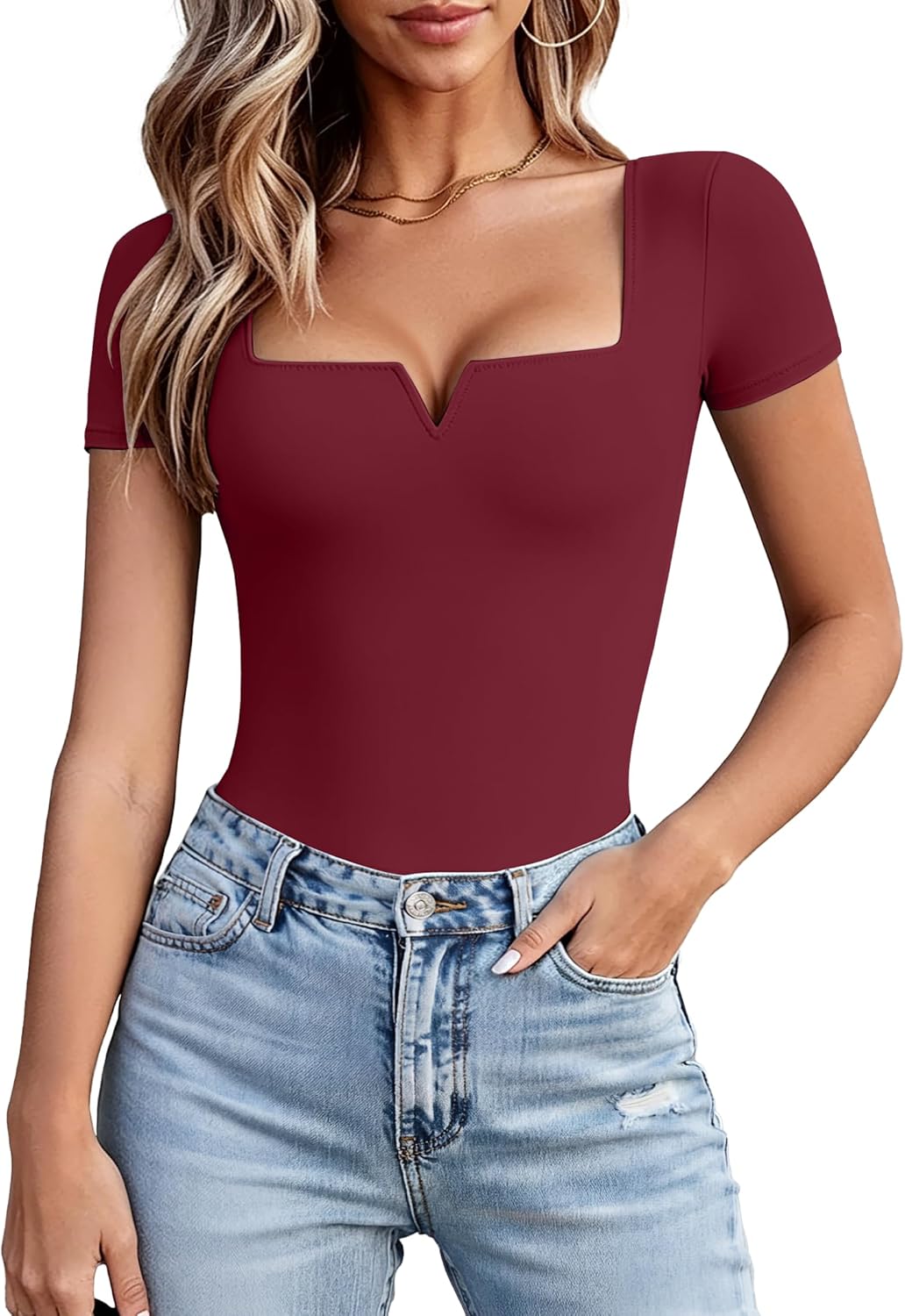 Avidlove Women's Short Sleeve Bodysuit Square Neck Body Suits One Piece T Shirt Summer Going Out Tops Date Outfits