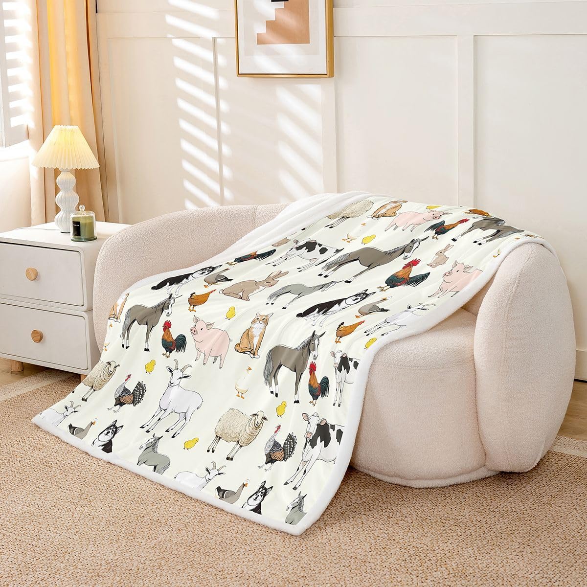 Feelyou Beige Farm Animal Fleece Throw Blanket Cute Animal Sherpa Blanket for Kids Women Men Plush Fuzzy Farm Theme Twin 60"x80" Cartoon for Bed Couch Chair Living Room Bedroom Decor image 2