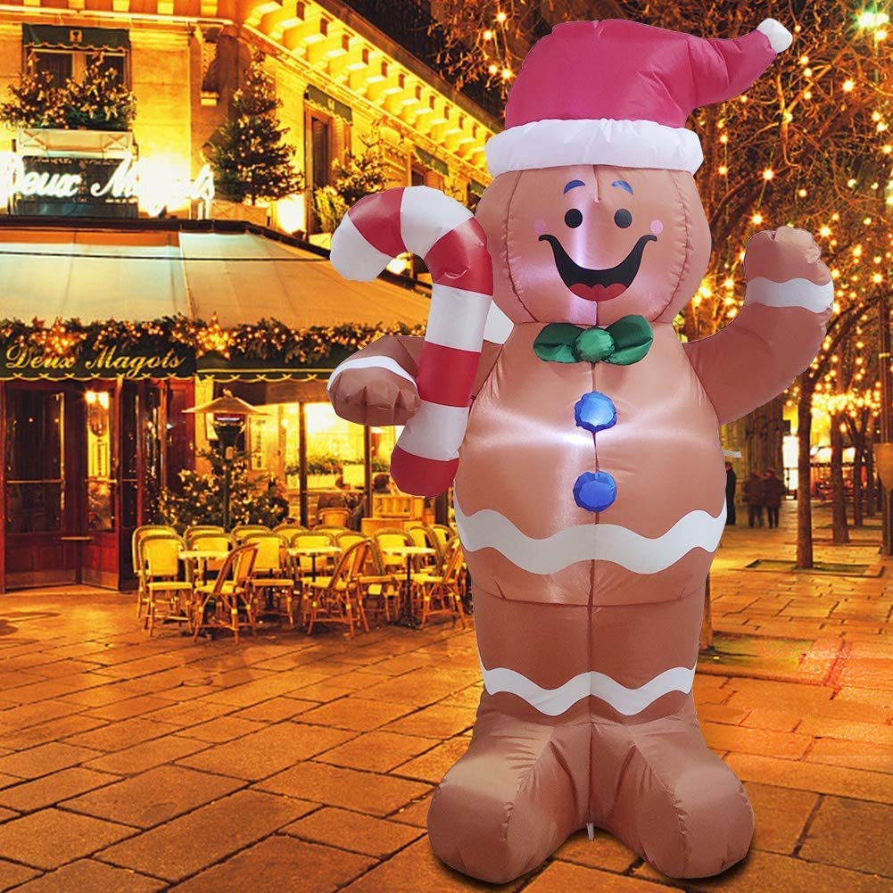 Joiedomi Décoration de Jardin Gonflable en Pain d'épices de Noël, 1,5 m, éclairage LED, Bonhomme en Pain d'épices Auto-Gonflable avec Sucre d'orge, Parfait pour fête de Noël, intérieur ou extérieur,