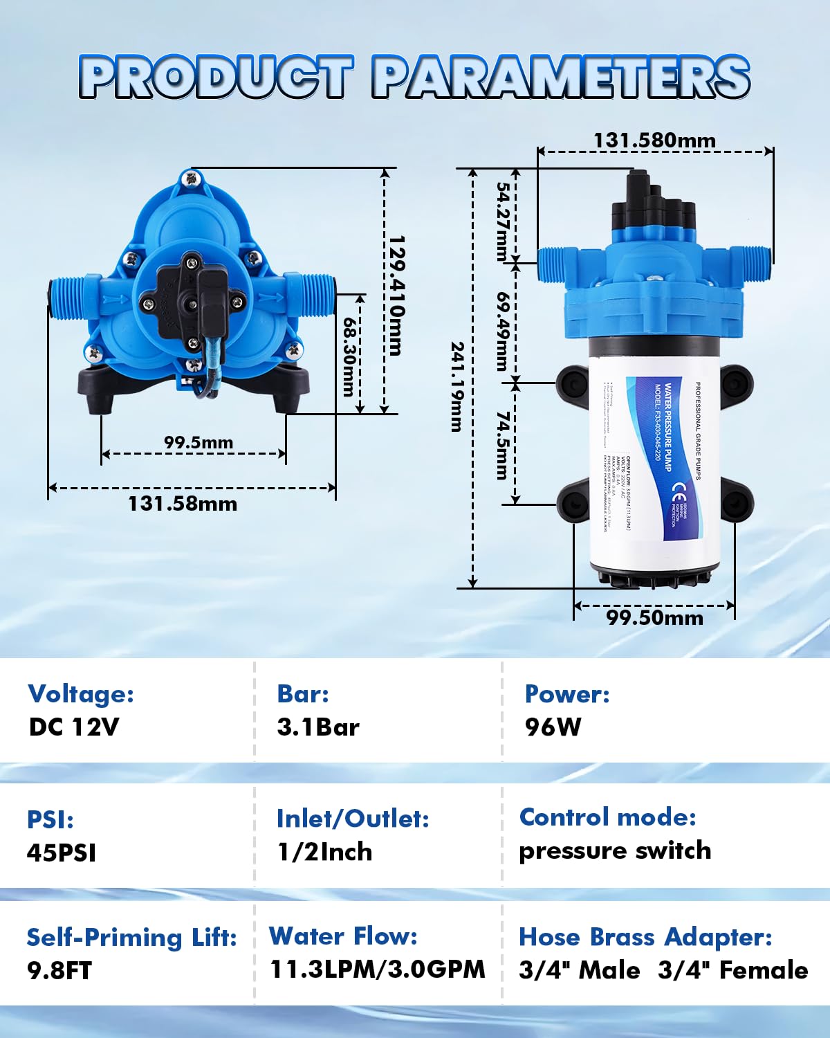 YUCHENGTECH Bomba de Agua a Presión Autocebante Bomba de Diafragma 12V 96W | 3.0 GPM 45 PSI Bomba de Aumento de Presión para Duchas, Jardines y Grifos de Agua en Autocaravanas