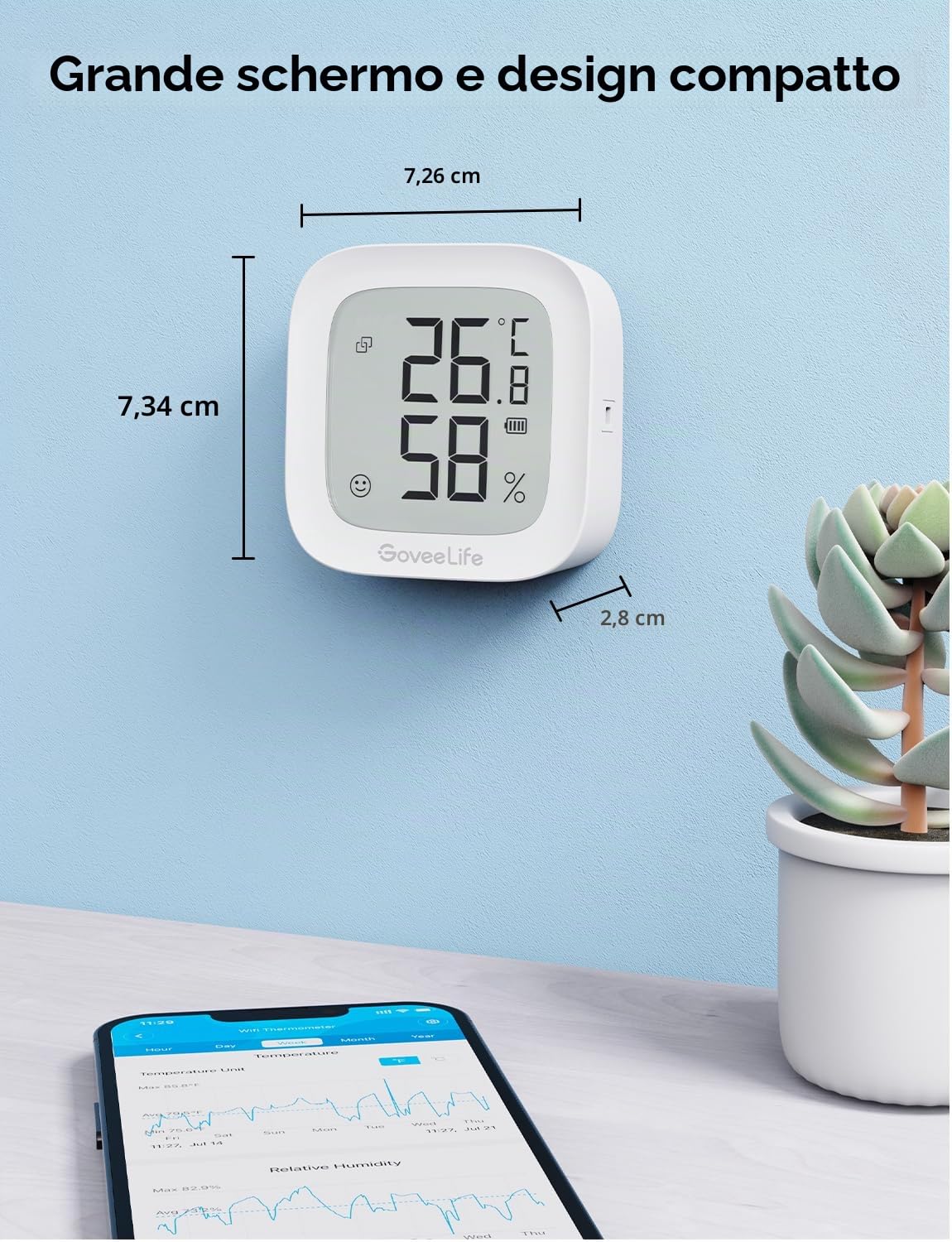 GoveeLife Igrometro senza fili, termometro digitale per temperatura e umidità interna con applicazione, avviso di allarme e archiviazione dati, controllo remoto, adatto per camera da letto, 1 Pack
