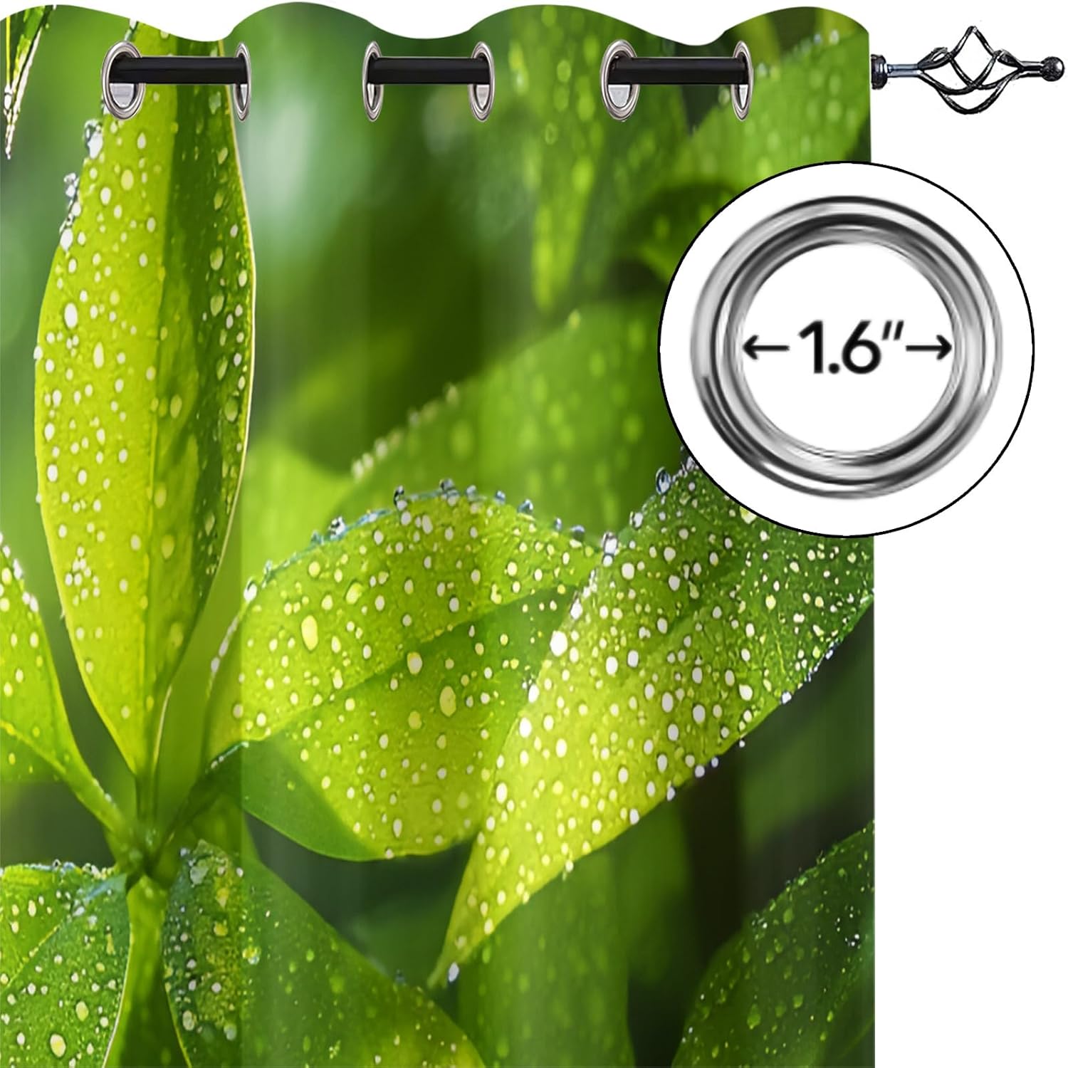 Green Leaves Curtains,Plants Blackout Curtains Dew Drops Grommet Drapes 2 Panels for Bedroom Living Room 27" W x 39" L x2
