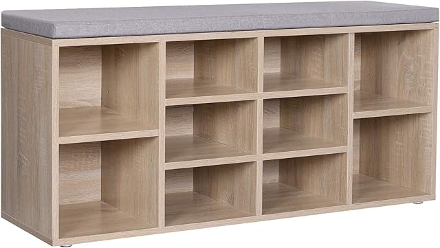 VASAGLE Shoe Bench, Shoe Shelf, Storage Cabinet, 10 Compartments, with Cushion, for Entryway, 104 x 30 x 48 cm, Oak Colour LHS10NL